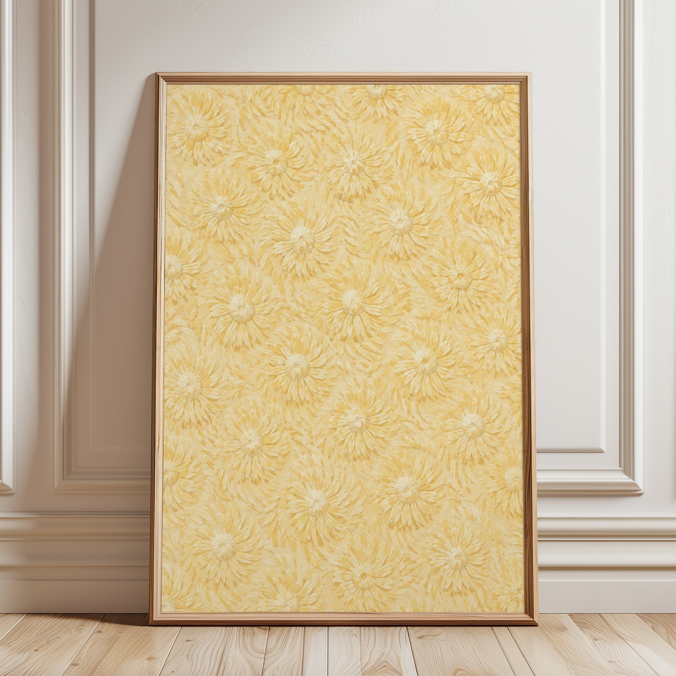 Golden Chrysanthemum Pattern Print: Vintage Floral Wall Art - framed detail