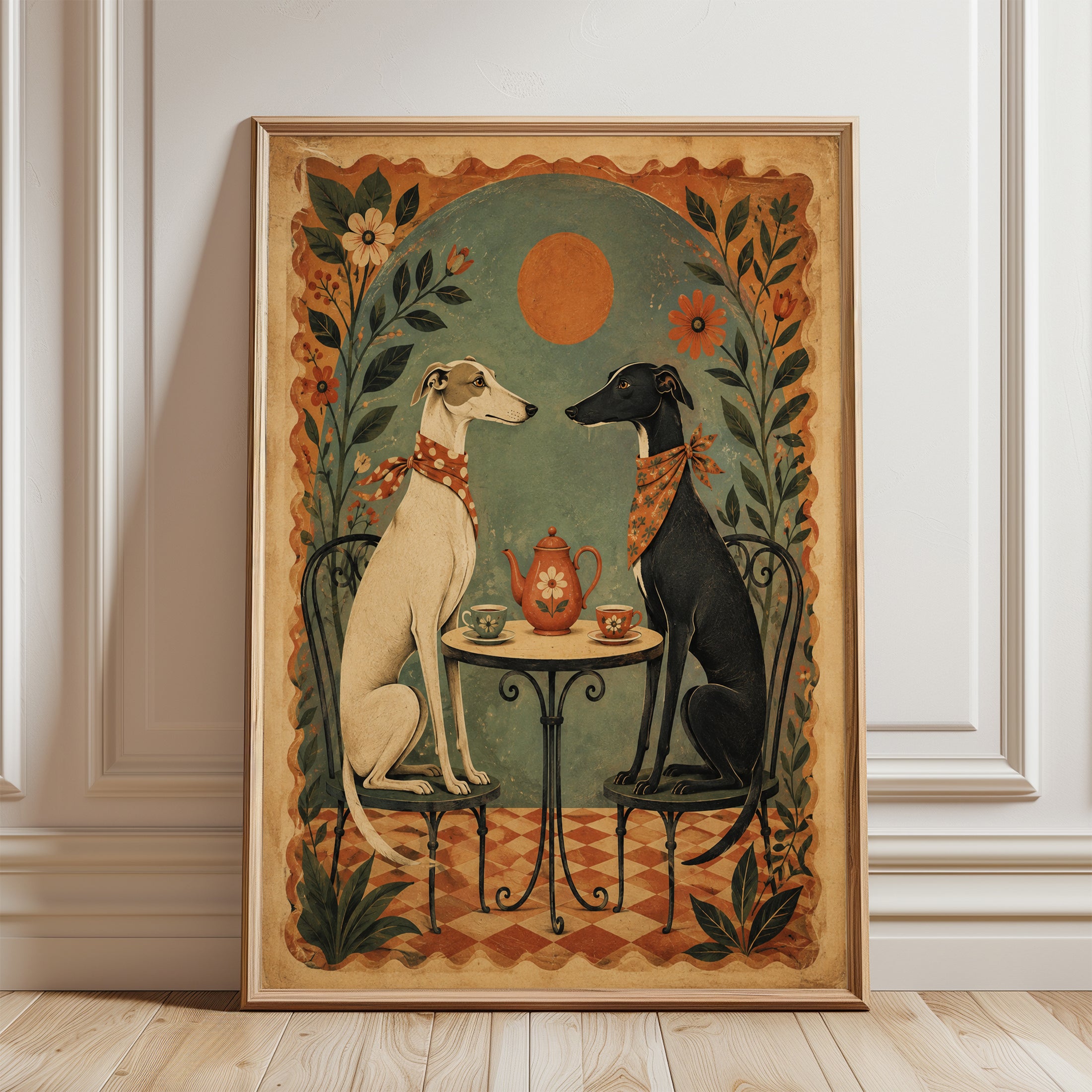 Greyhound Wall Art – Folk Art Dog Print - framed detail