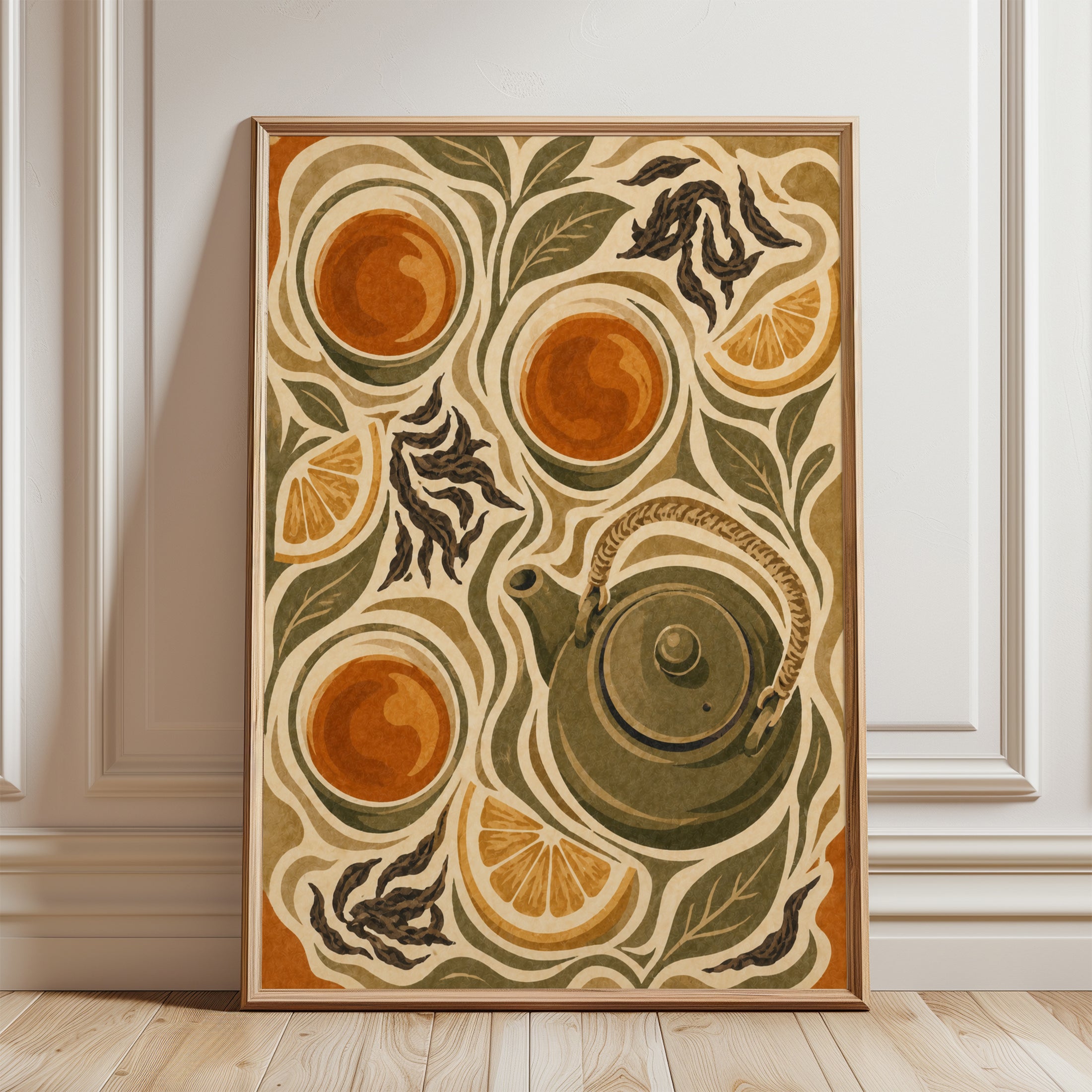 Art Nouveau Tea Pot Print: Vintage Orange and Green Design - framed detail