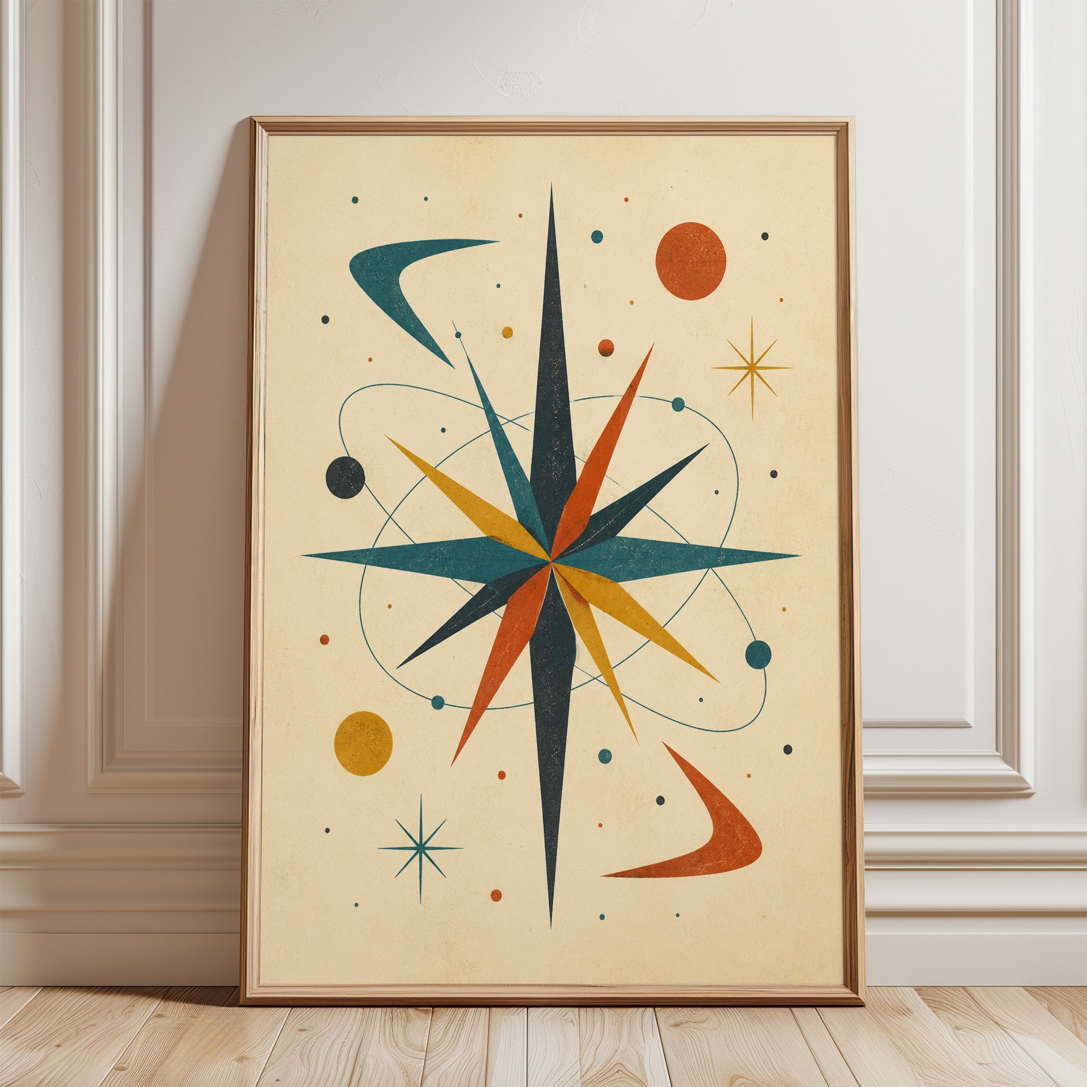 Mid-Century Modern Starburst Art Print: Atomic Age Geometric Design - framed detail