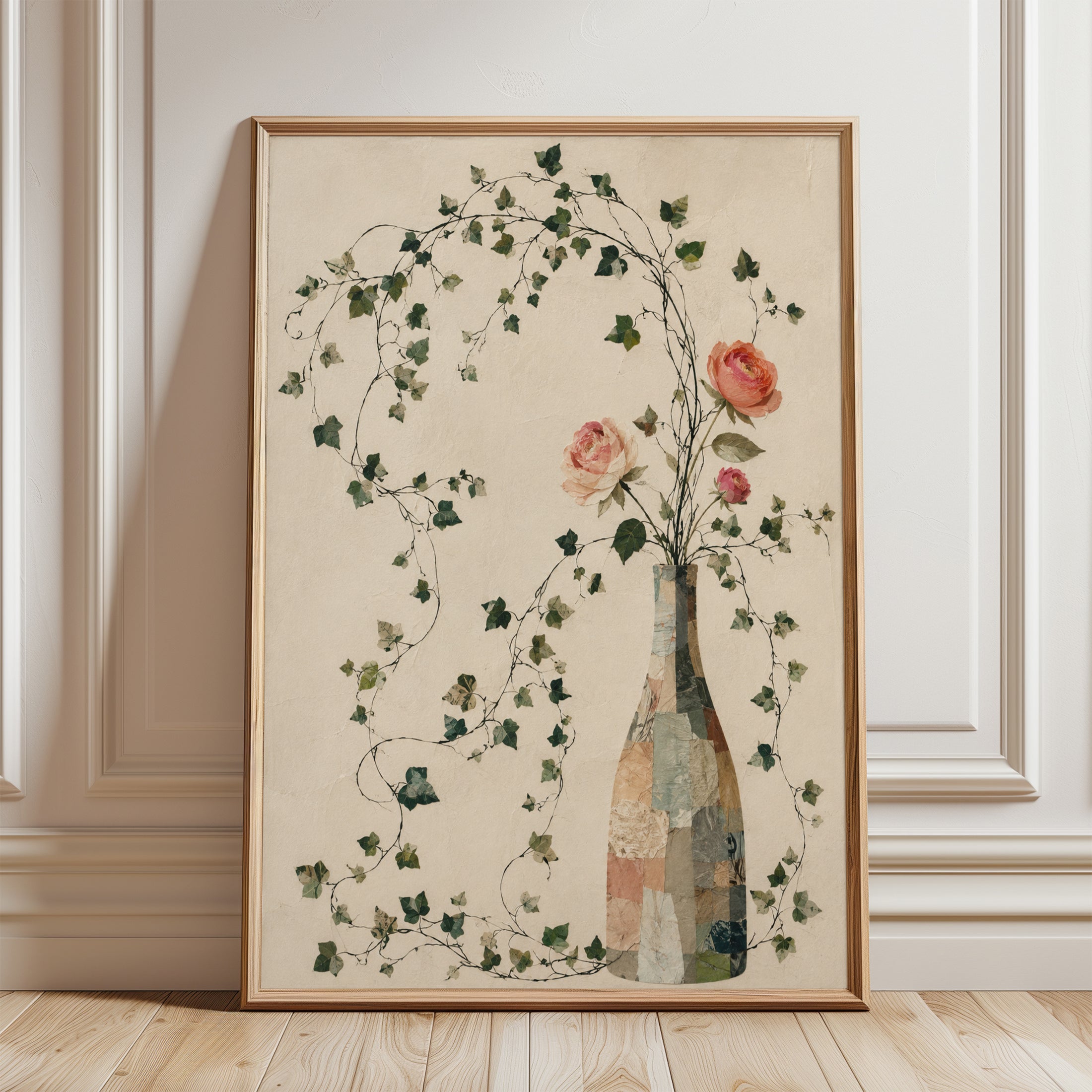 Roses And Ivy Botanical Art Print: Vintage Floral Still Life - framed detail