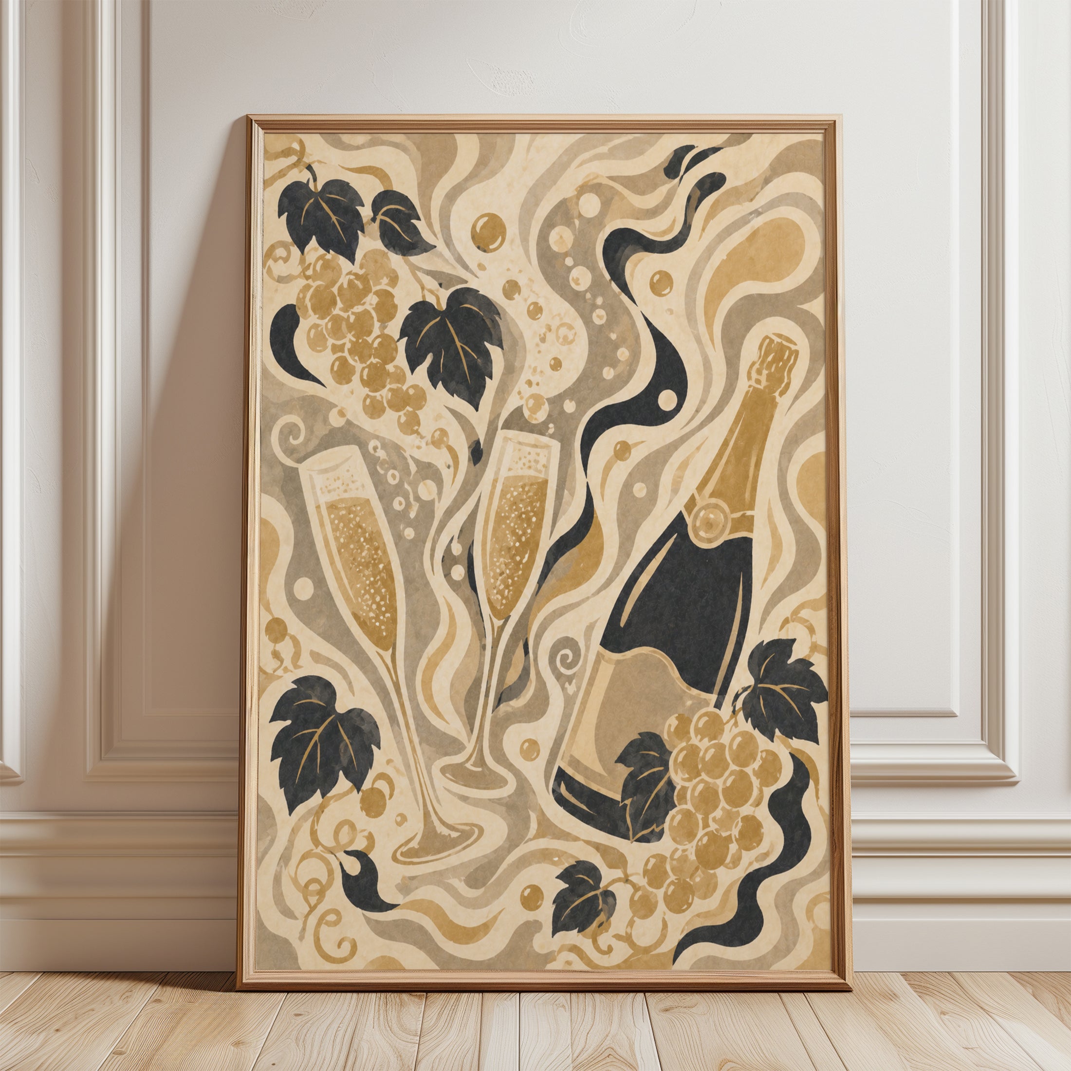 Champagne Wall Art – Art Nouveau Wine Print - framed detail