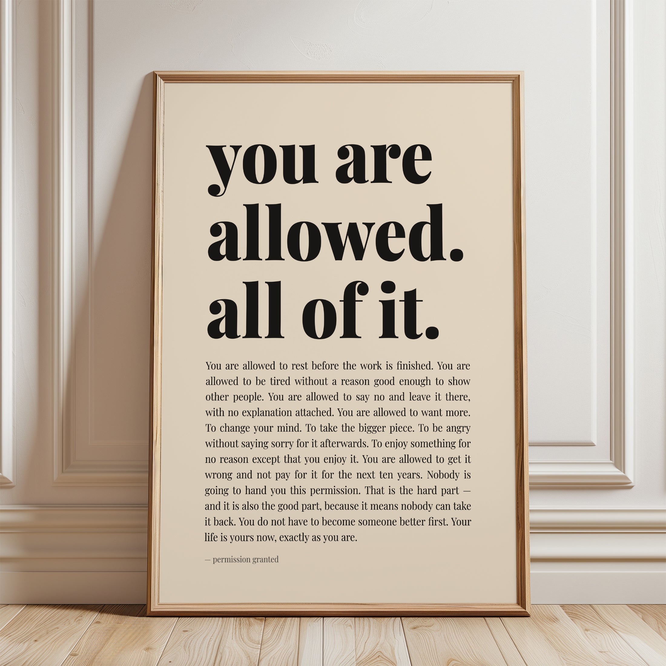 Permission Granted Print – Self Care Wall Art - framed detail
