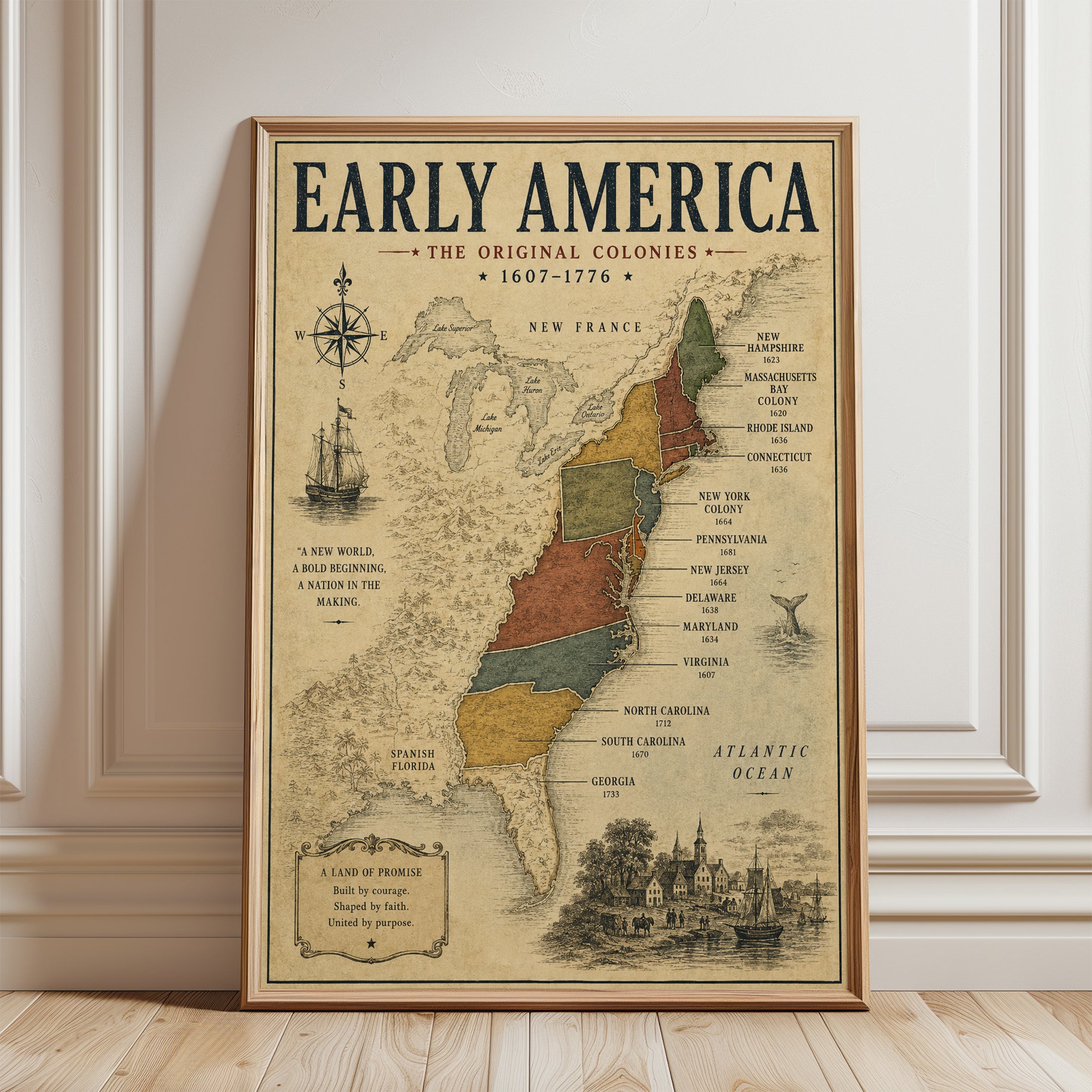 Colonial America Map Poster - framed detail