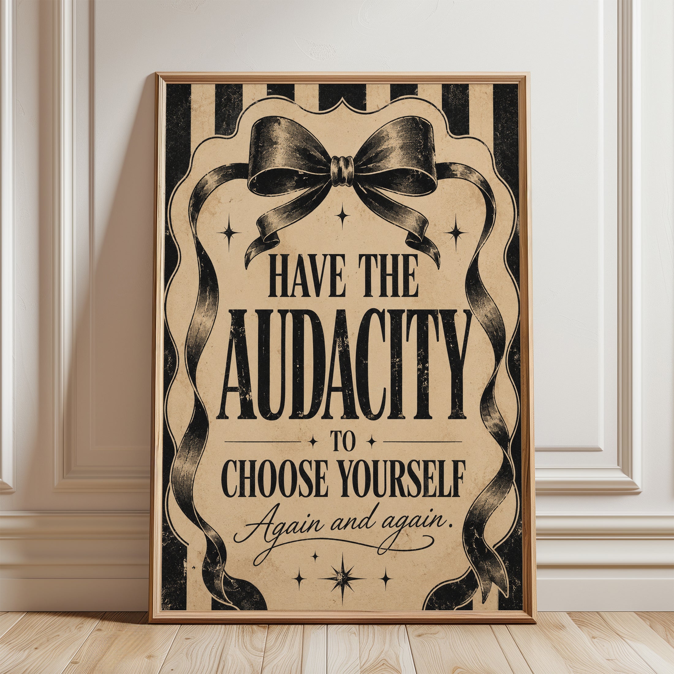 Vintage Motivational Ribbon Quote Print: Black and Cream Typography - framed detail