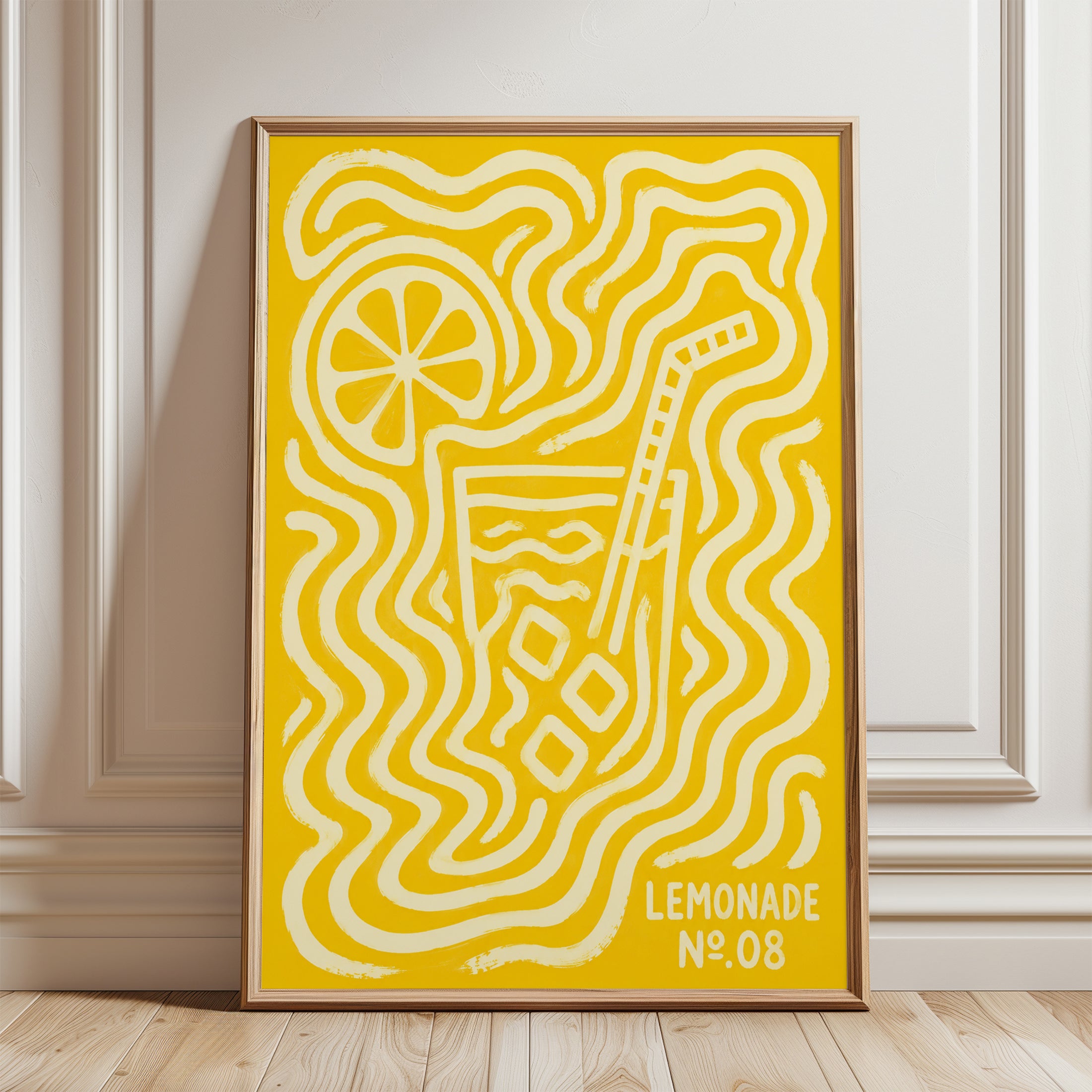 Retro Lemonade Poster: Yellow Psychedelic Line Art Print - framed detail