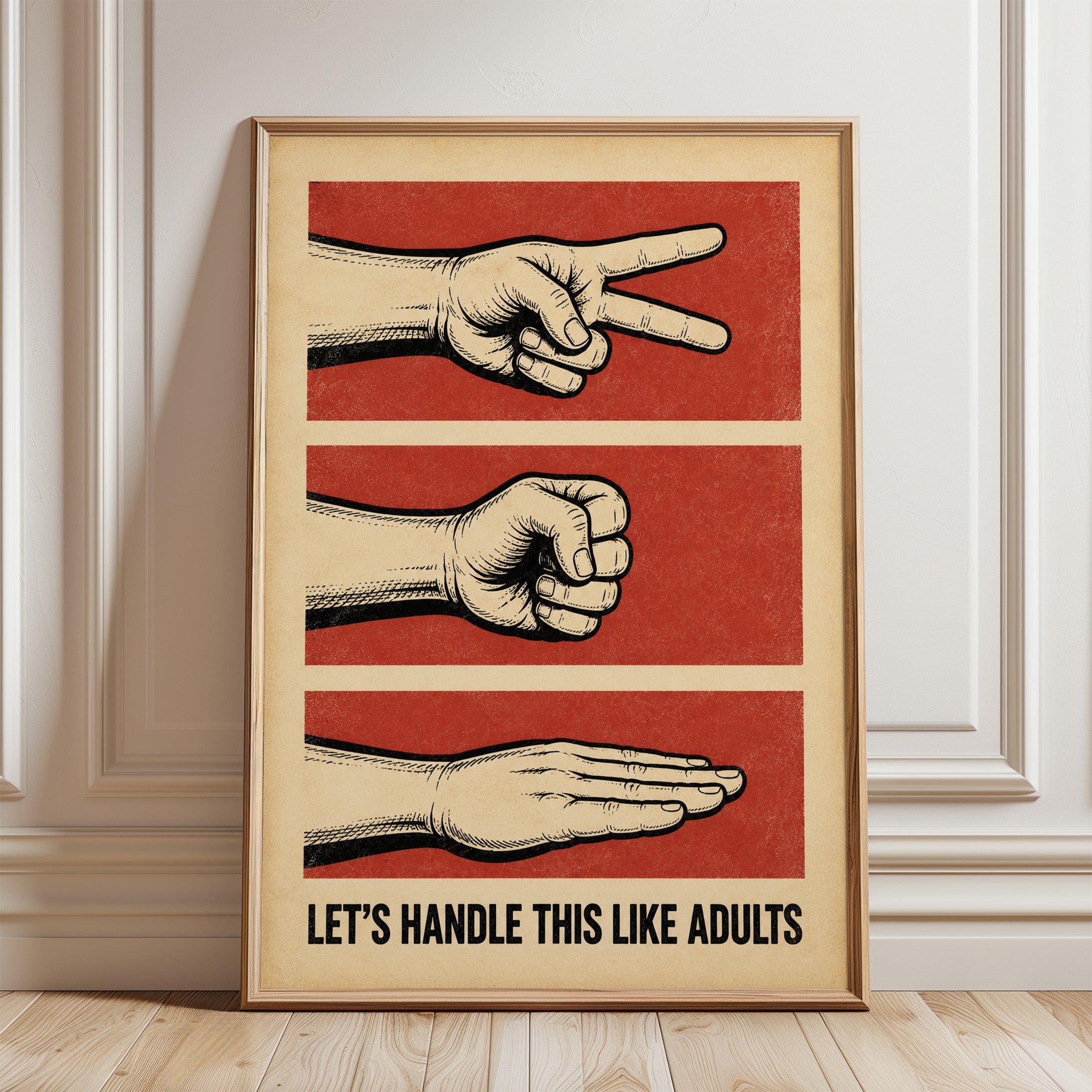 Rock Paper Scissors Poster: Vintage Propaganda Style Red Print - framed detail