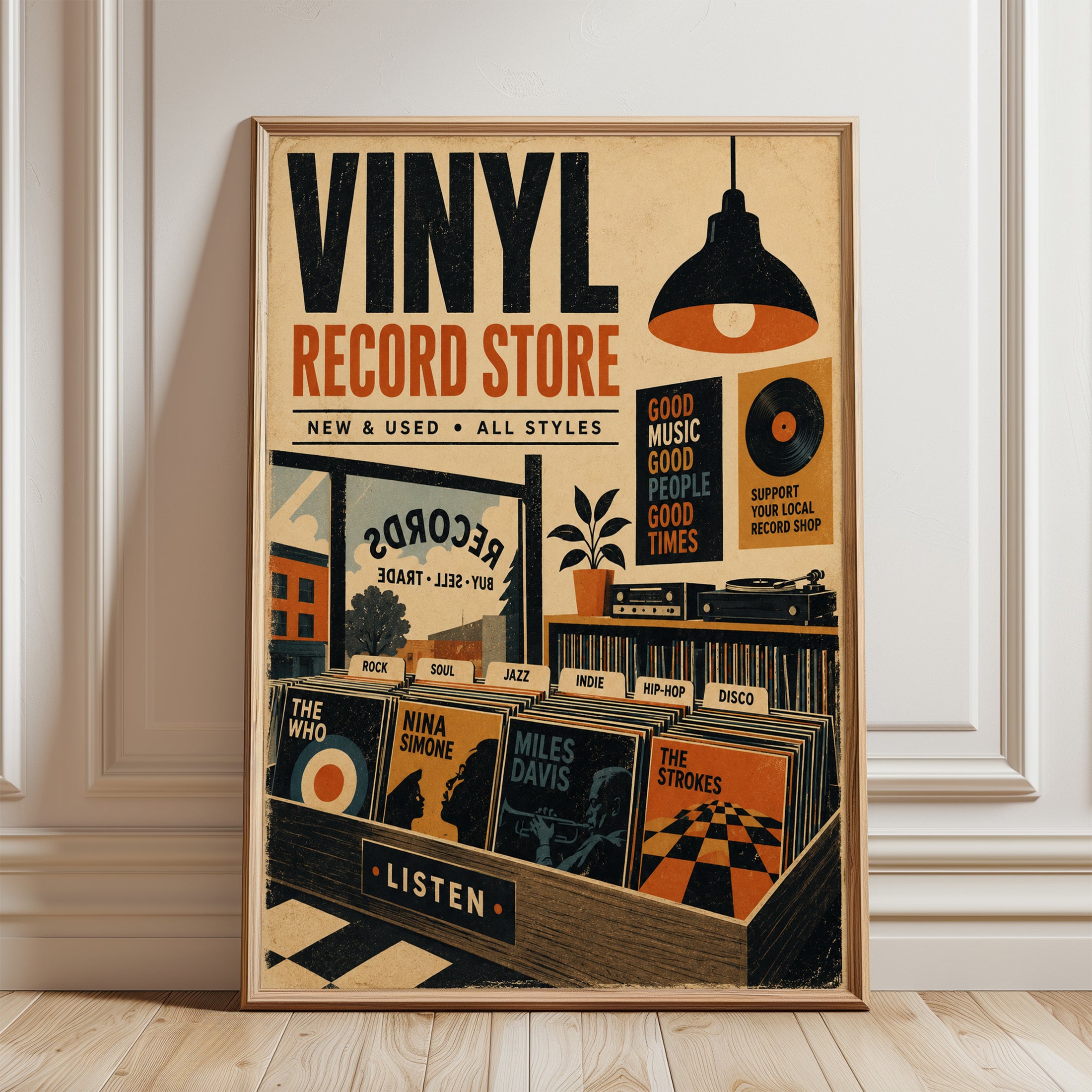 Vinyl Record Store Poster – Retro Music Print - framed detail