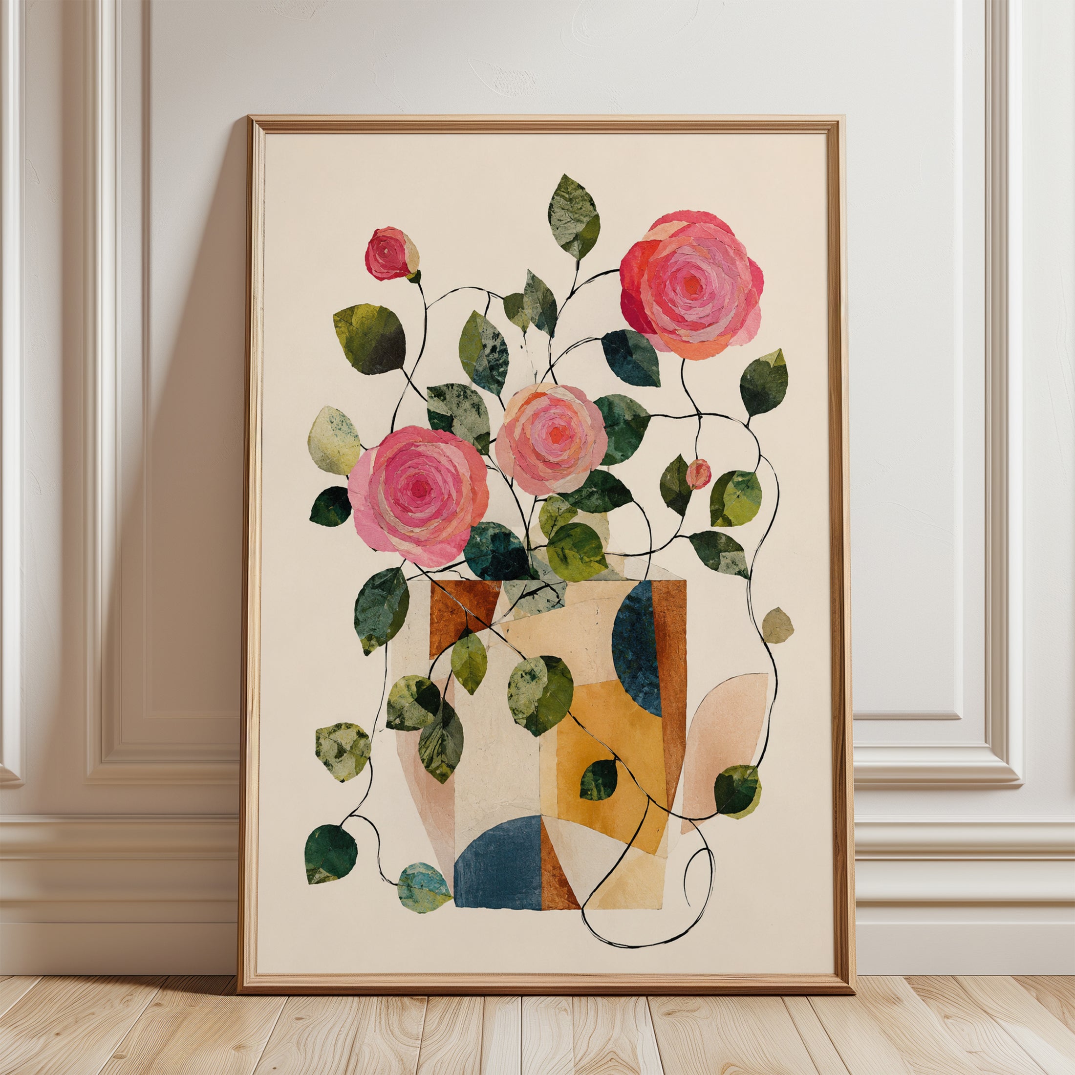Abstract Rose Bouquet Print: Geometric Vase with Pink Blooms - framed detail