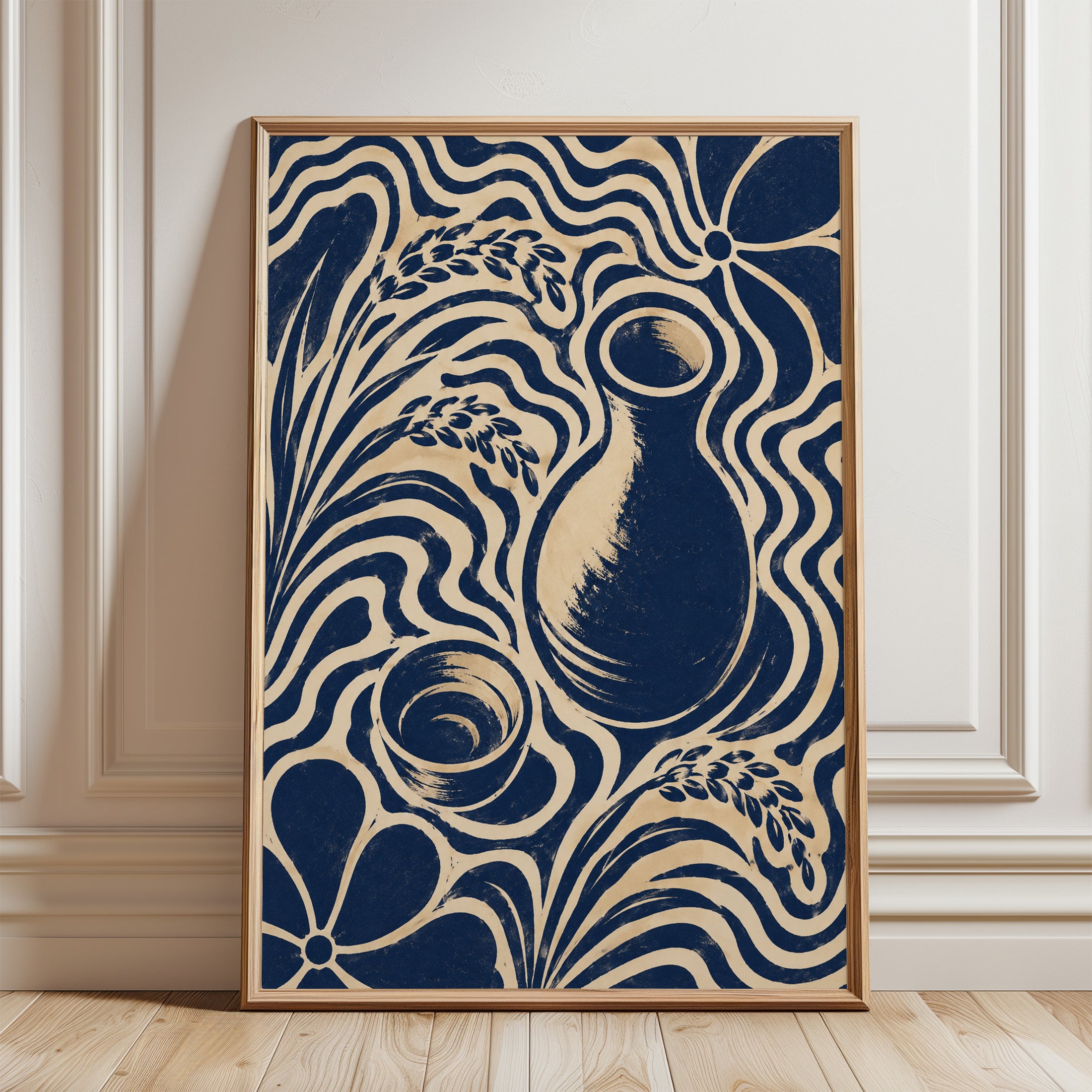Art Nouveau Vase Print: Navy Blue and Cream Floral Design - framed detail