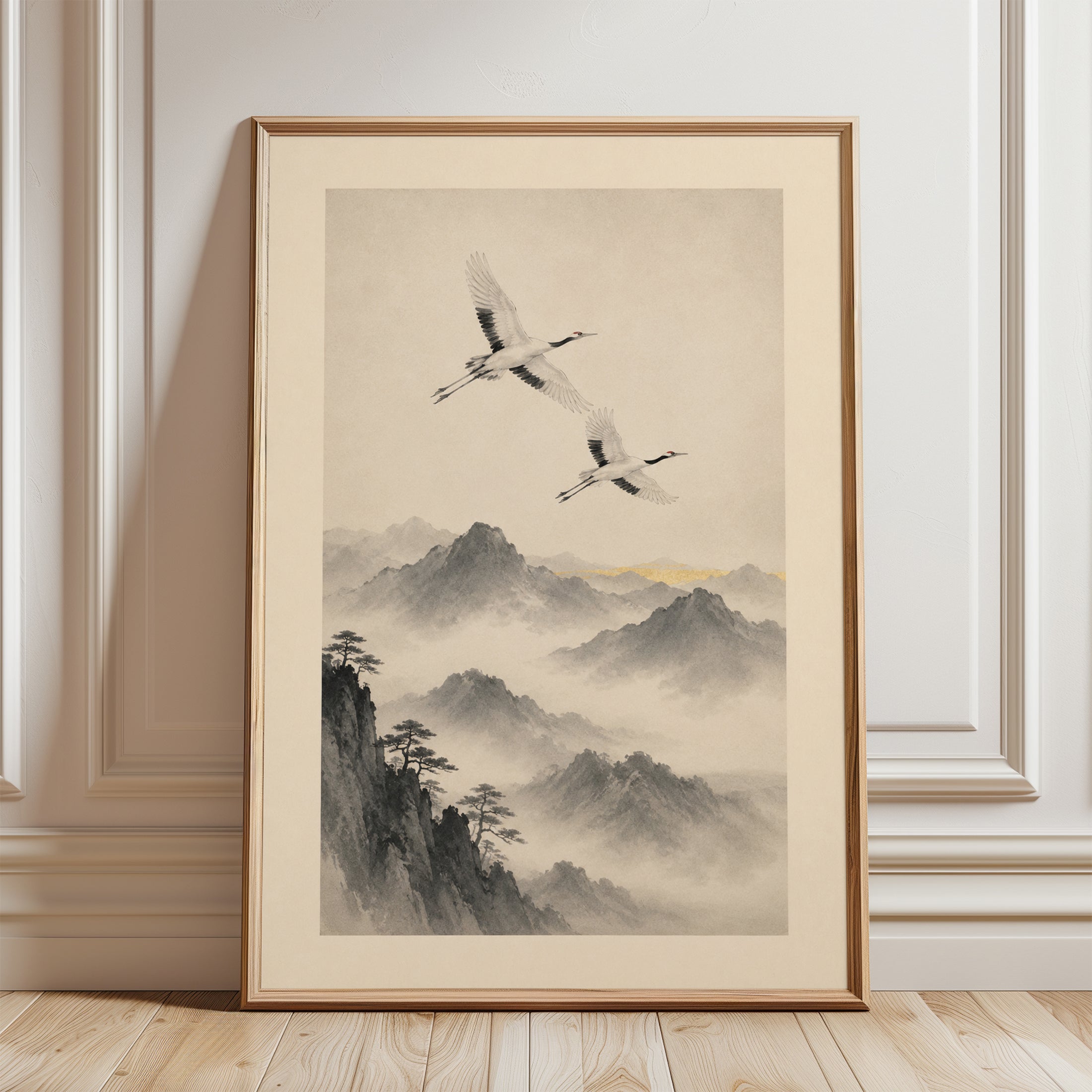 Japanese Crane Wall Art – Asian Landscape Print - framed detail