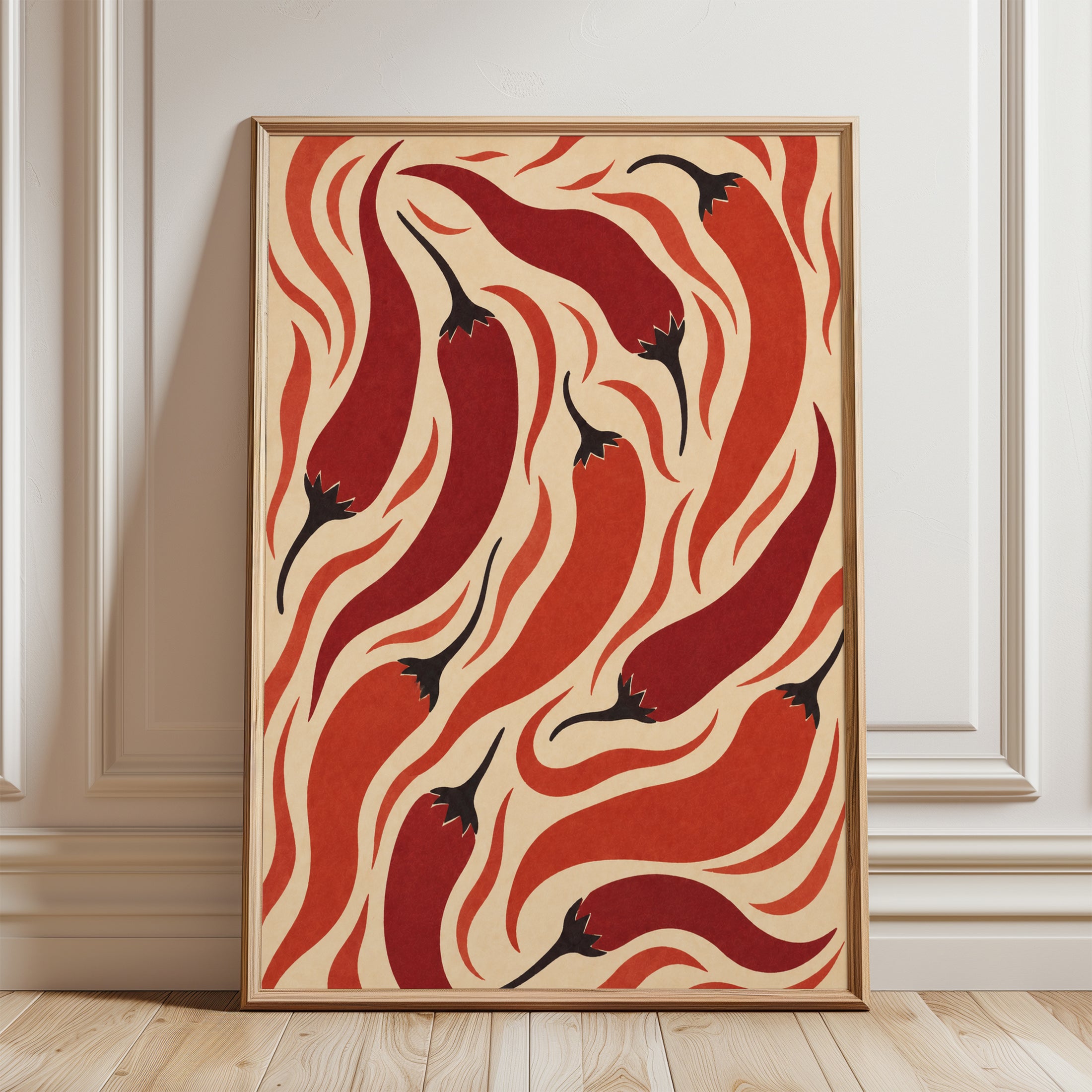 Abstract Chilli Pepper Print – Red Wall Art - framed detail