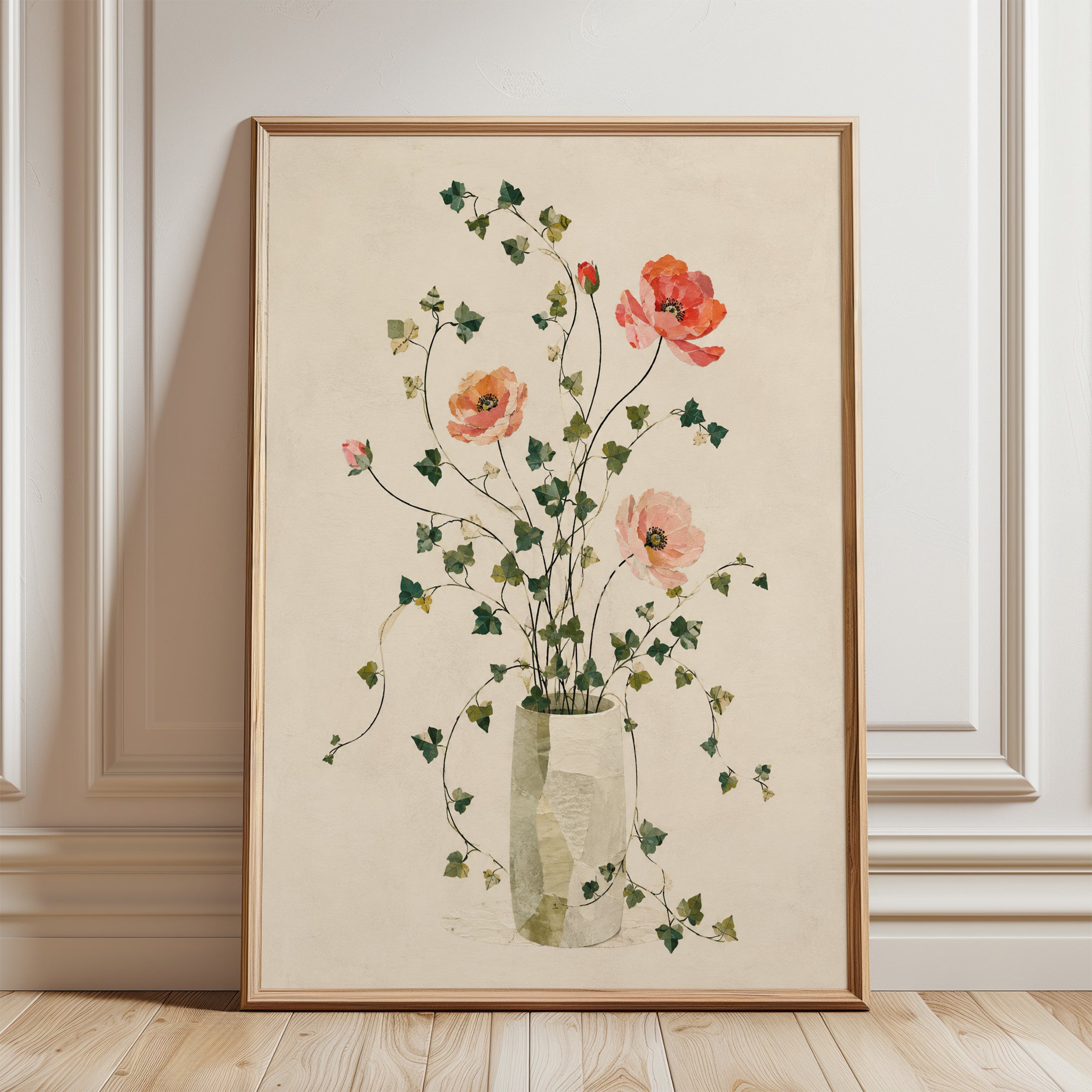 Coral Poppies With Ivy Wall Art: Watercolor Botanical Print - framed detail