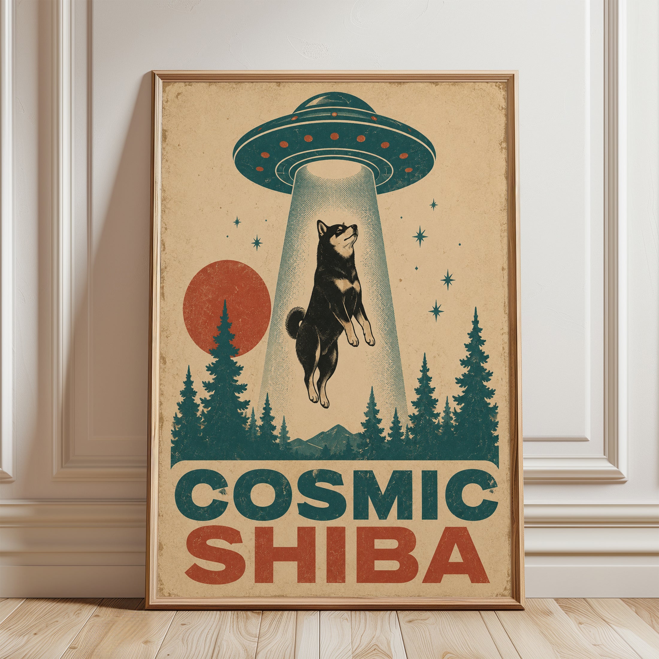 Shiba Inu Wall Art – Retro UFO Dog Poster - framed detail