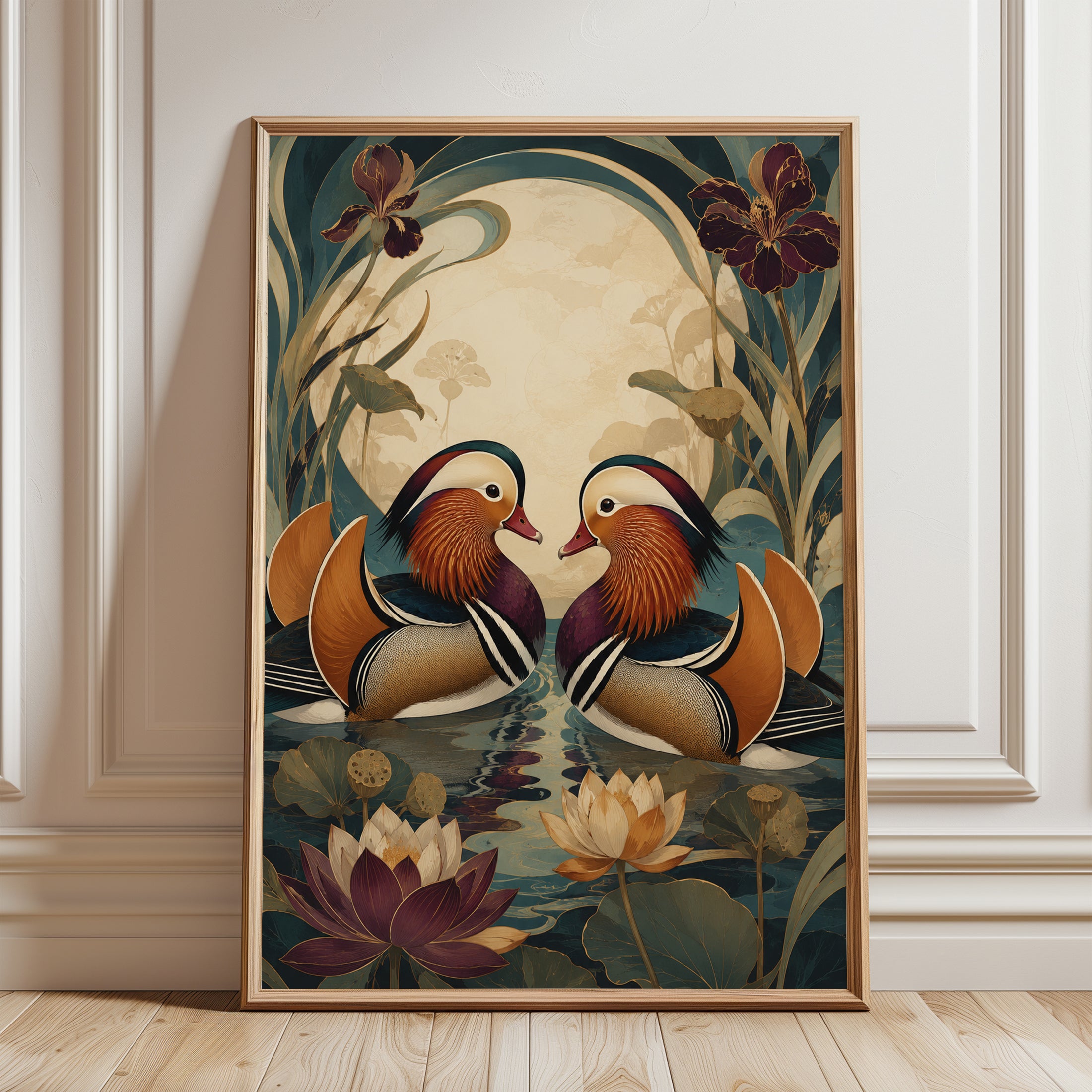 Mandarin Duck Wall Art – Art Nouveau Bird Print - framed detail