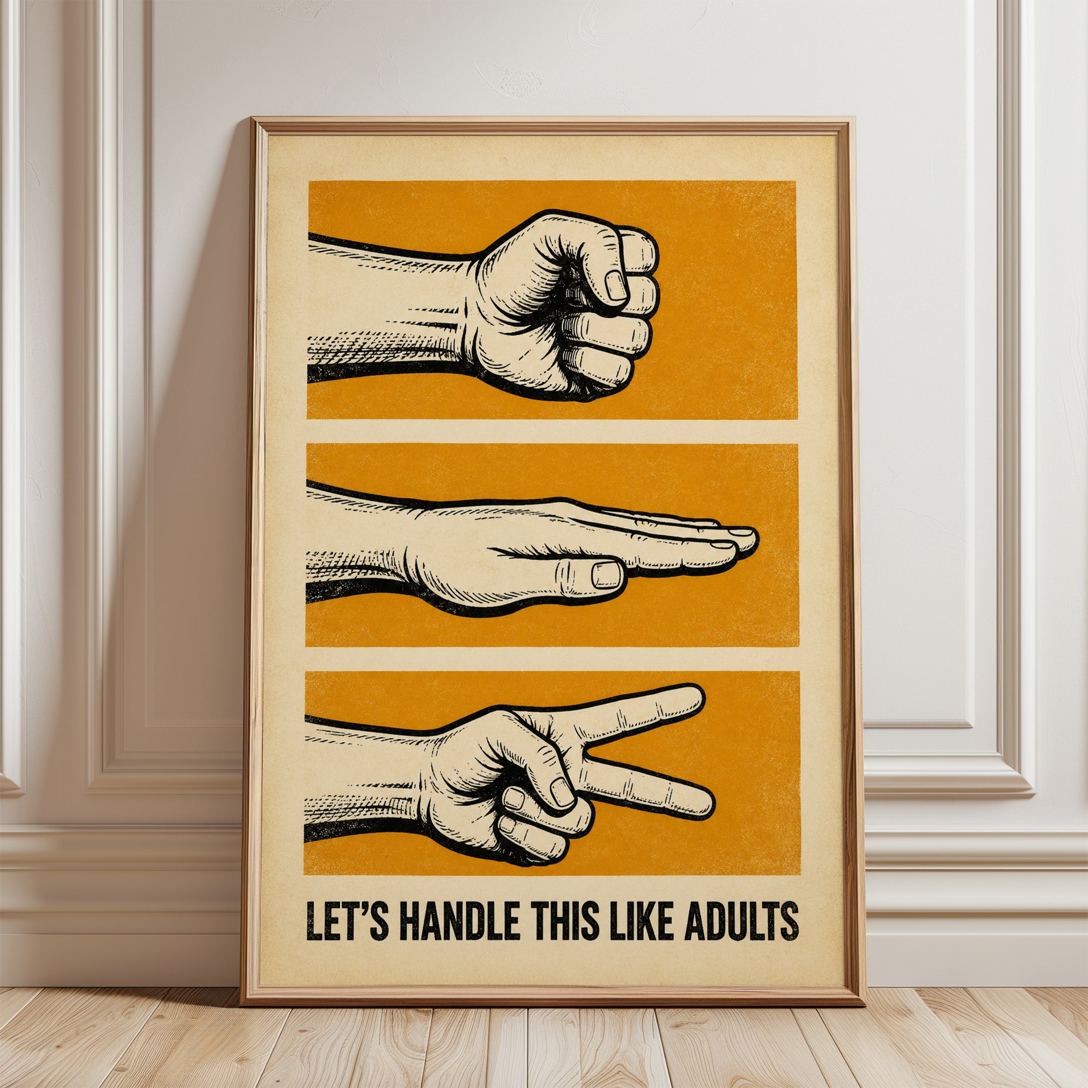 Rock Paper Scissors Print: Vintage Orange Game Illustration - framed detail