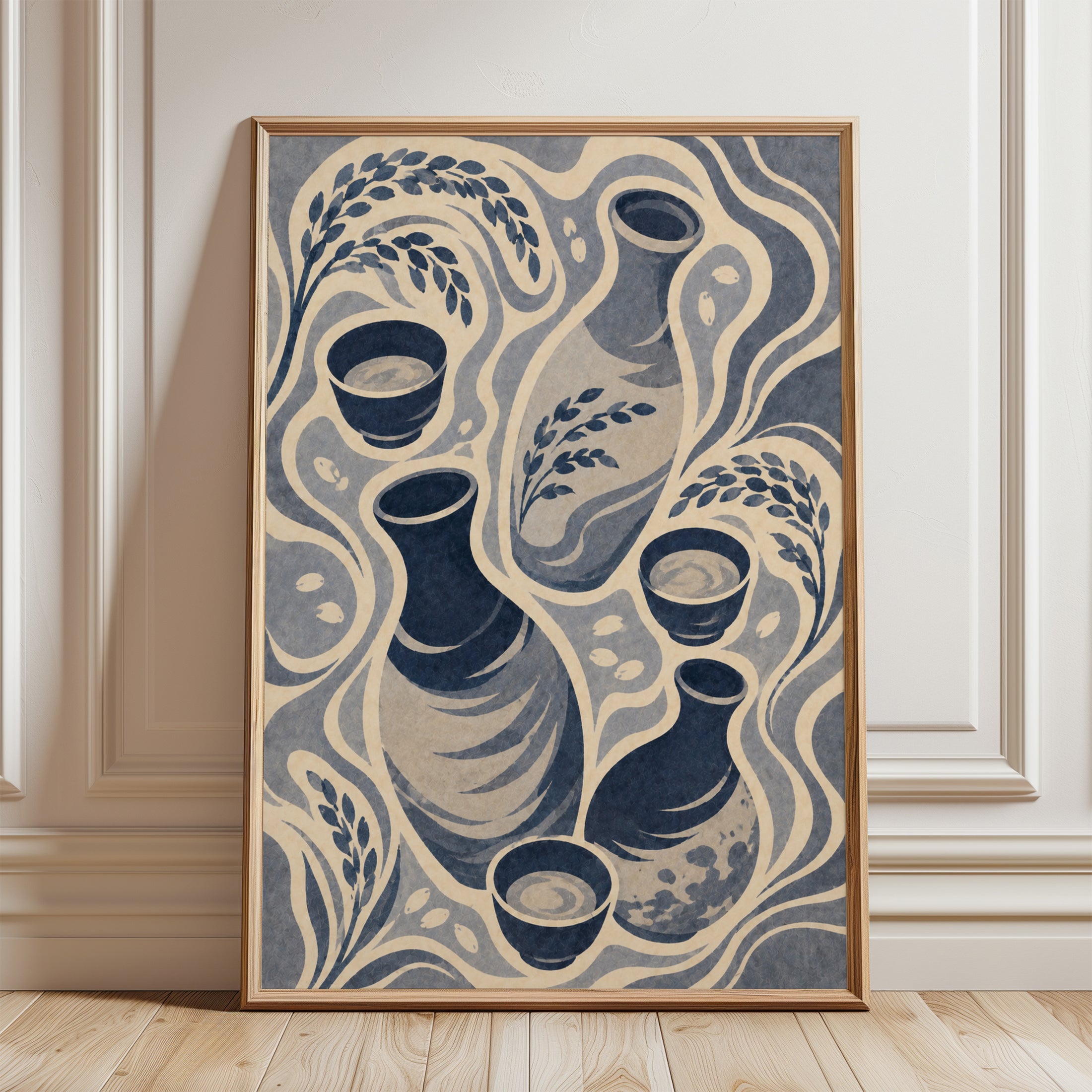 Ceramic Vessels and Wheat Art Print: Folk Art Navy and Beige - framed detail