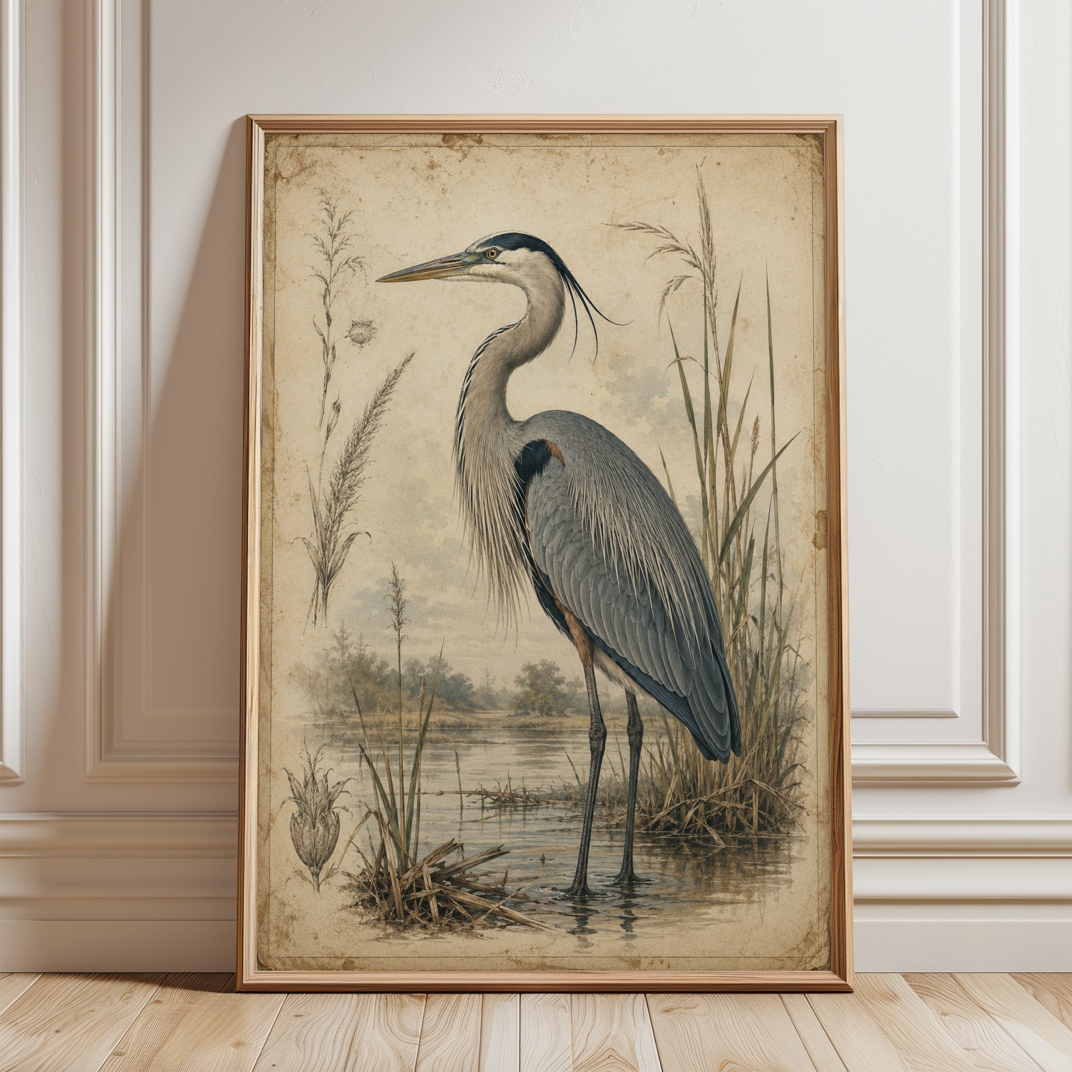 Heron Wall Art – Vintage Bird Print - framed detail