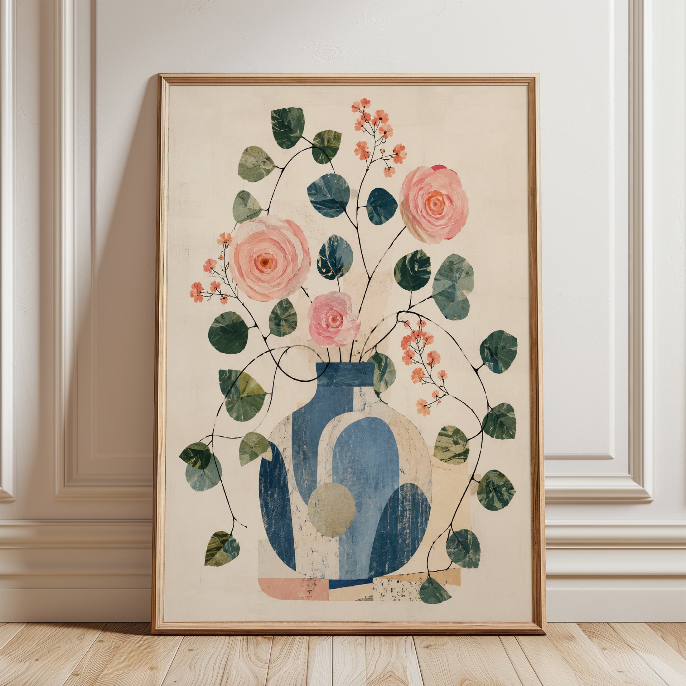 Botanical Vase Art Print: Mid-Century Modern Pink Roses and Leaves - framed detail
