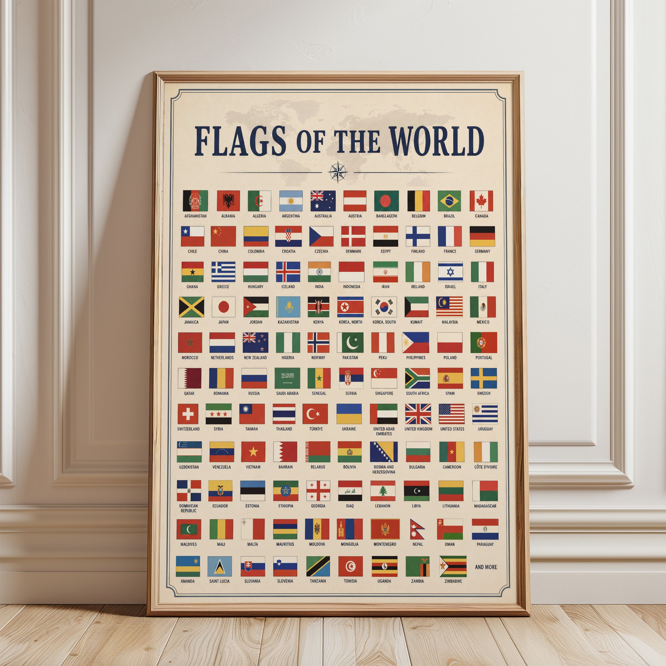 Flags Of The World Educational Poster: Vintage Reference Chart - framed detail
