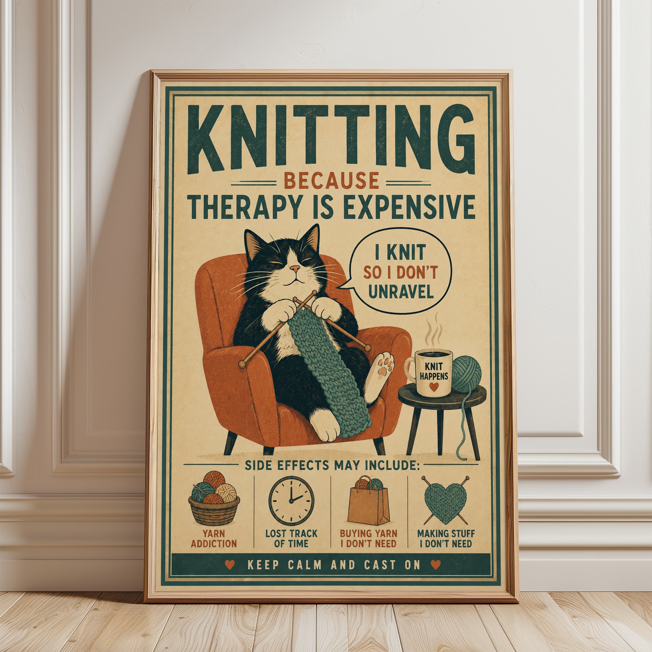 Knitting Wall Art – Funny Cat Print - framed detail
