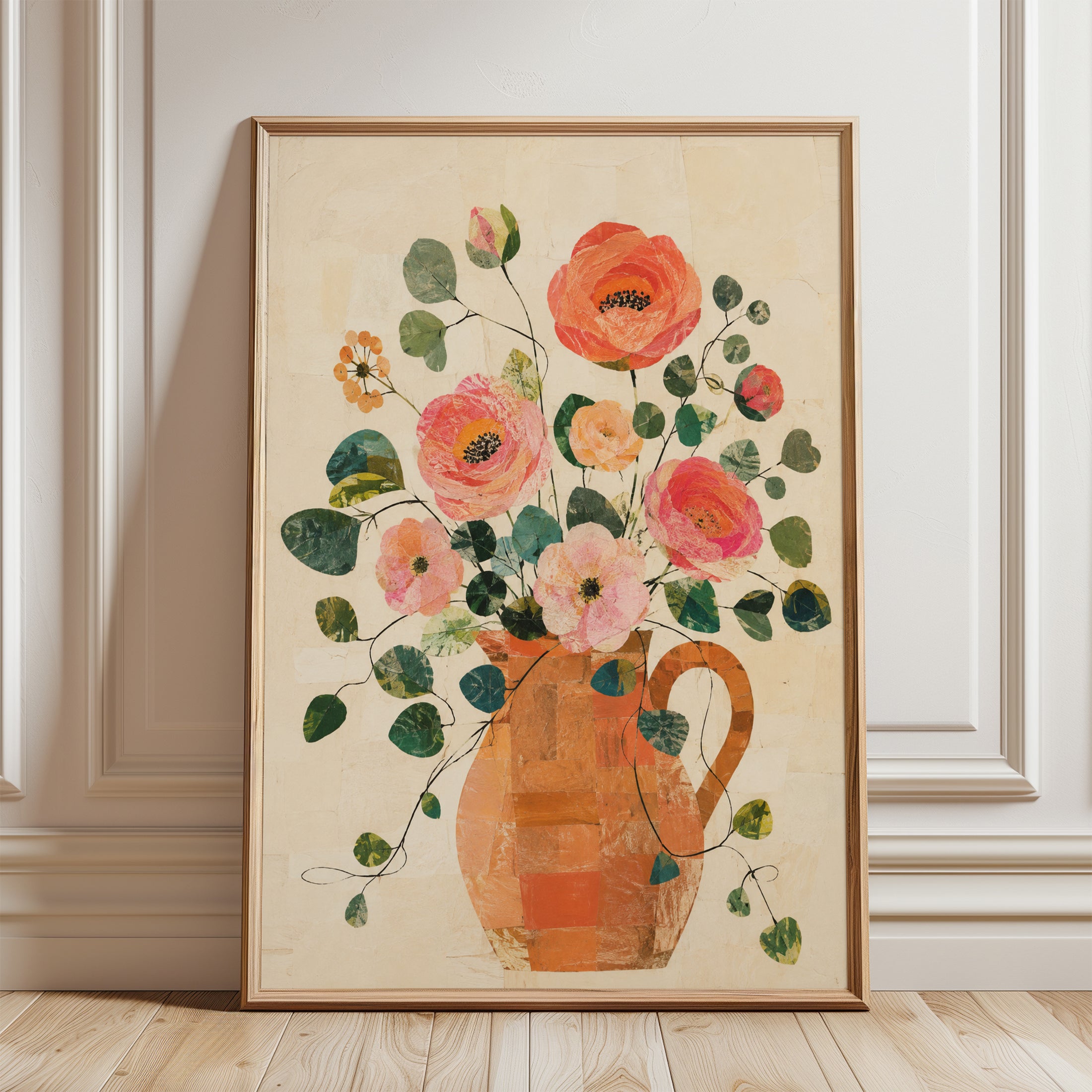 Coral Ranunculus in Terracotta Jug: Vintage Floral Wall Art - framed detail