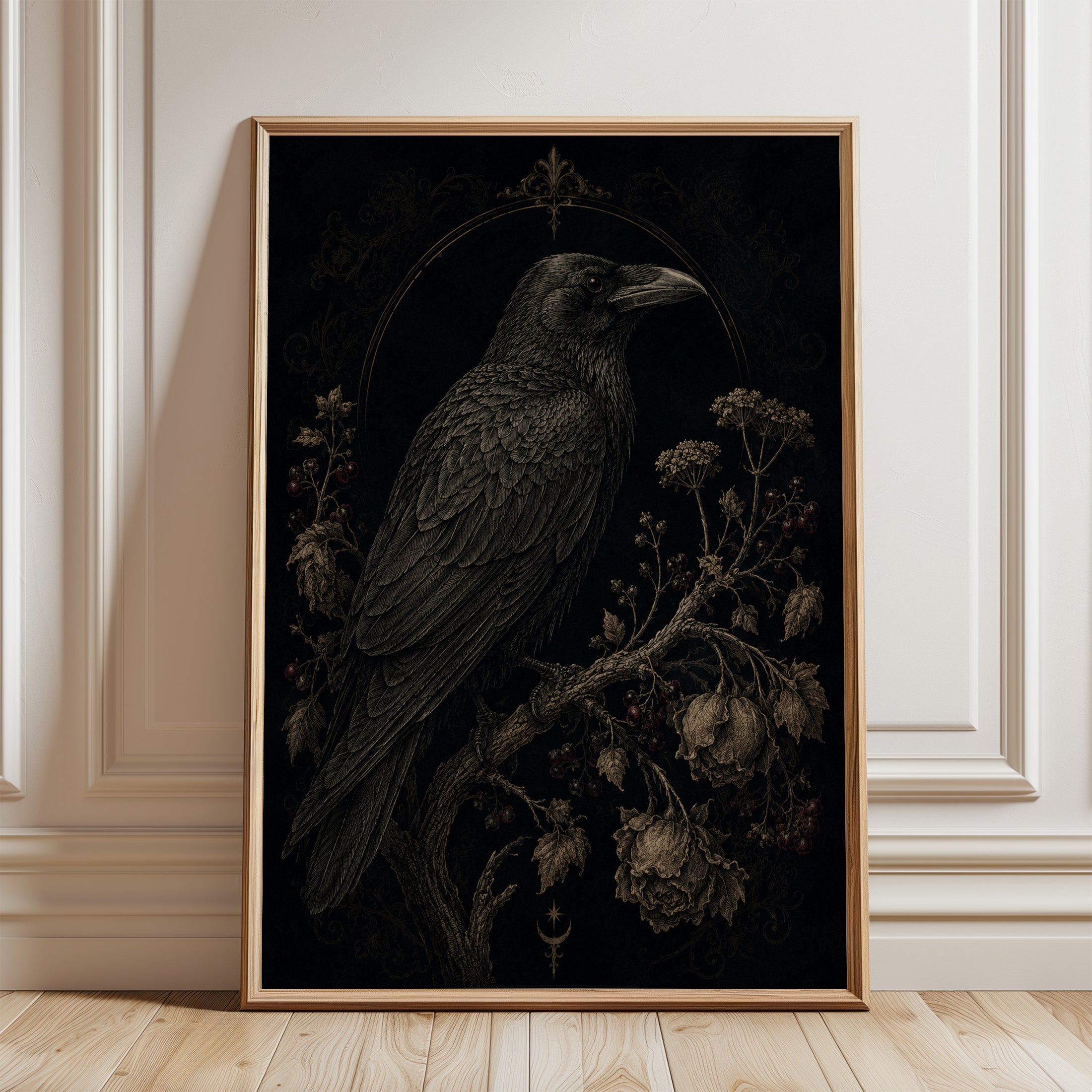 Raven Wall Art – Gothic Bird Print - framed detail