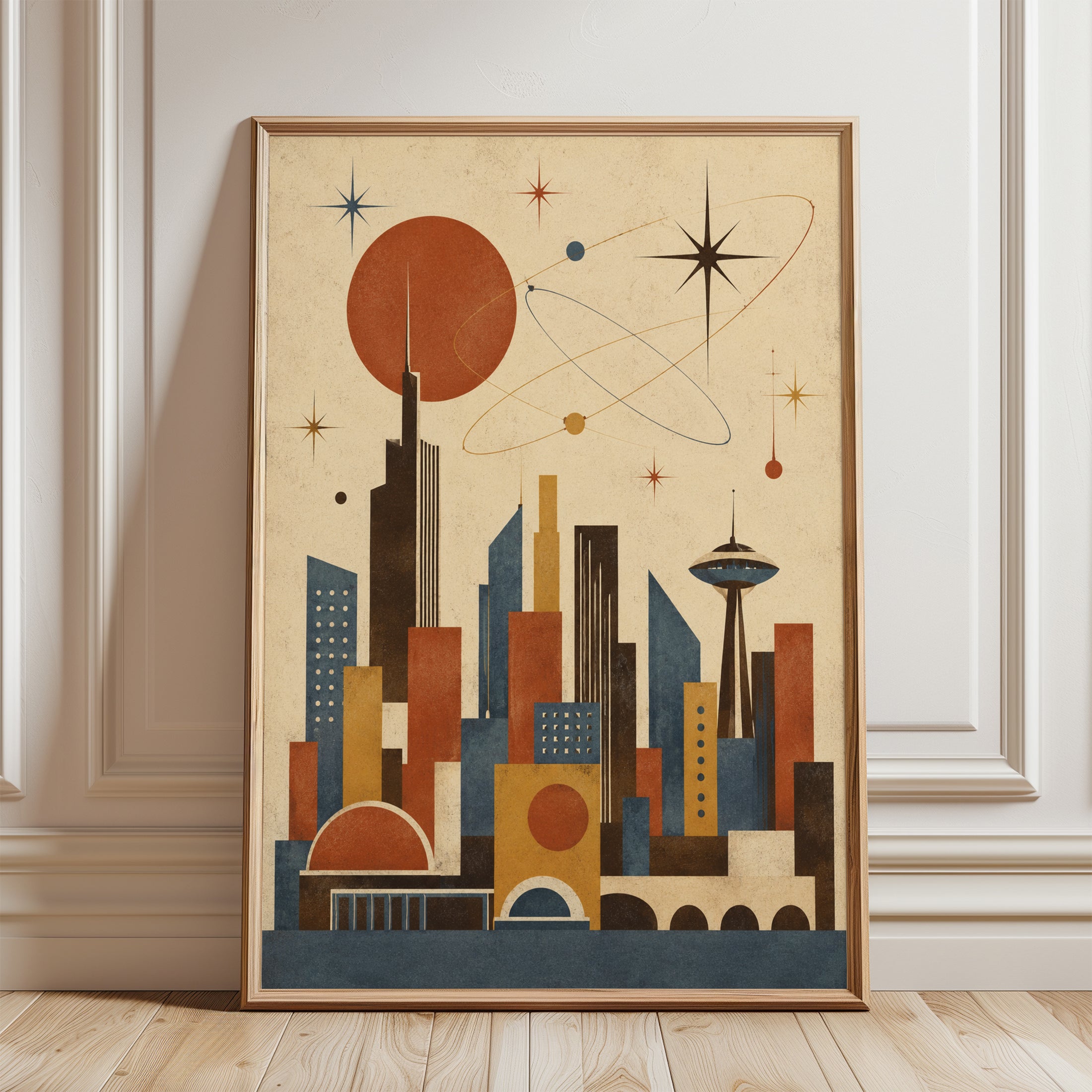Retro Futuristic Cityscape Art Print: Mid-Century Modern Space Age - framed detail