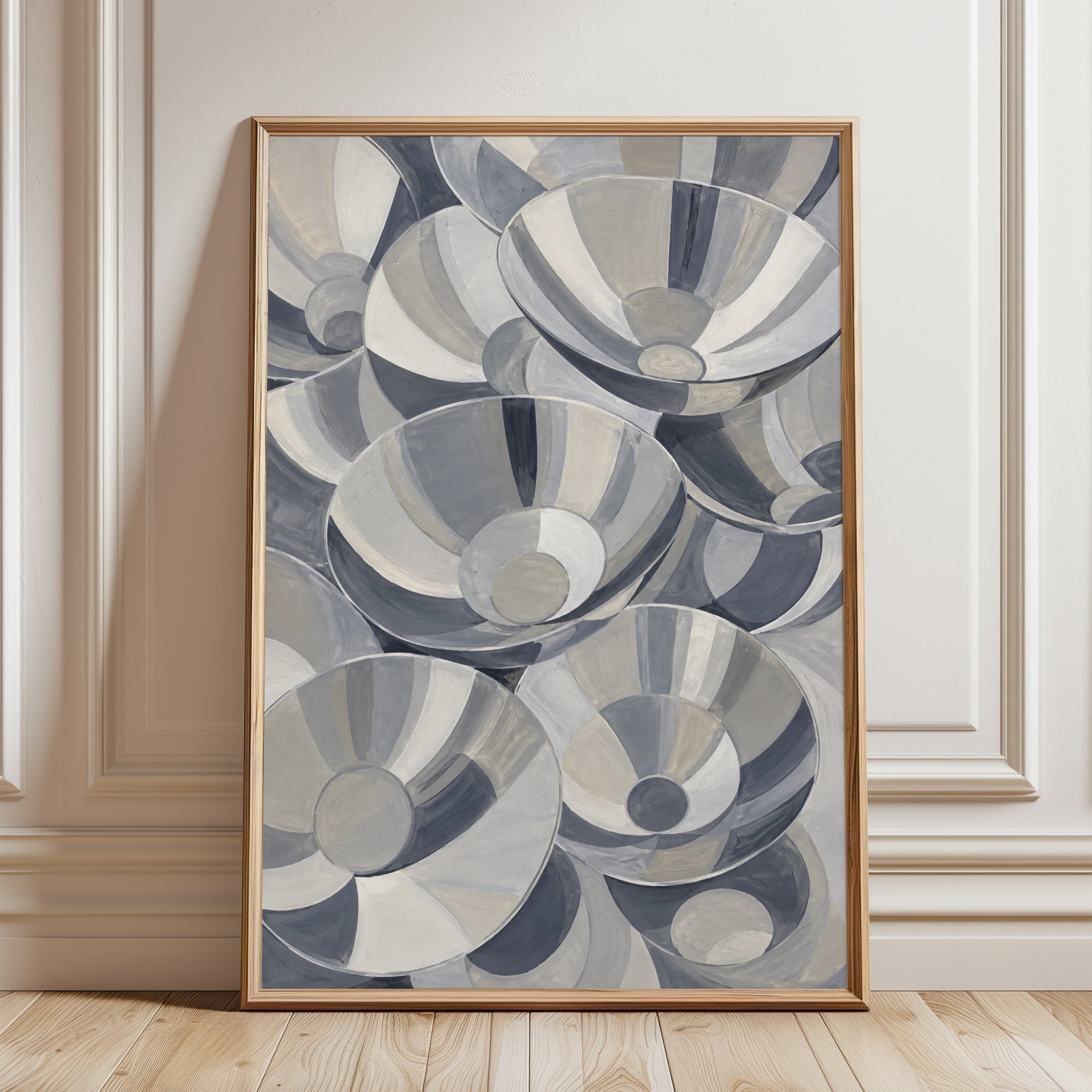 Modernist Striped Bowls Art Print: Abstract Gray and Beige Still Life - framed detail