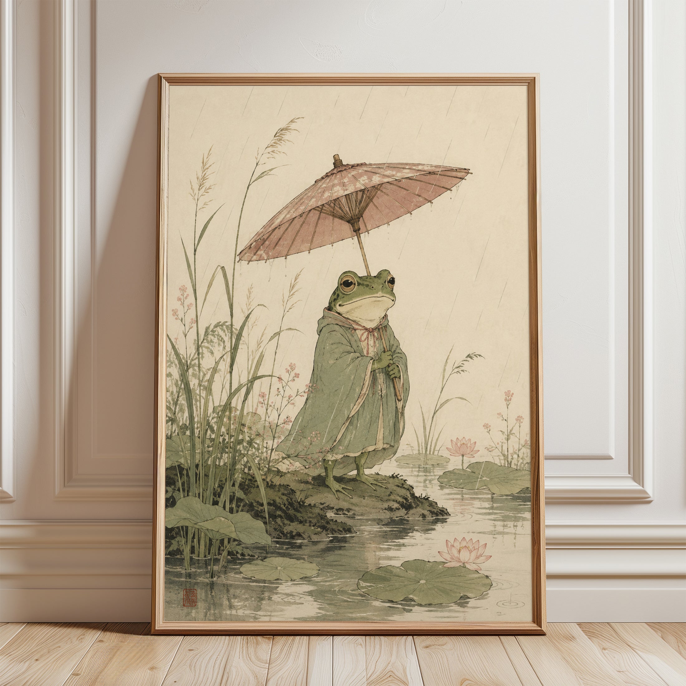 Frog with Umbrella Print - framed detail