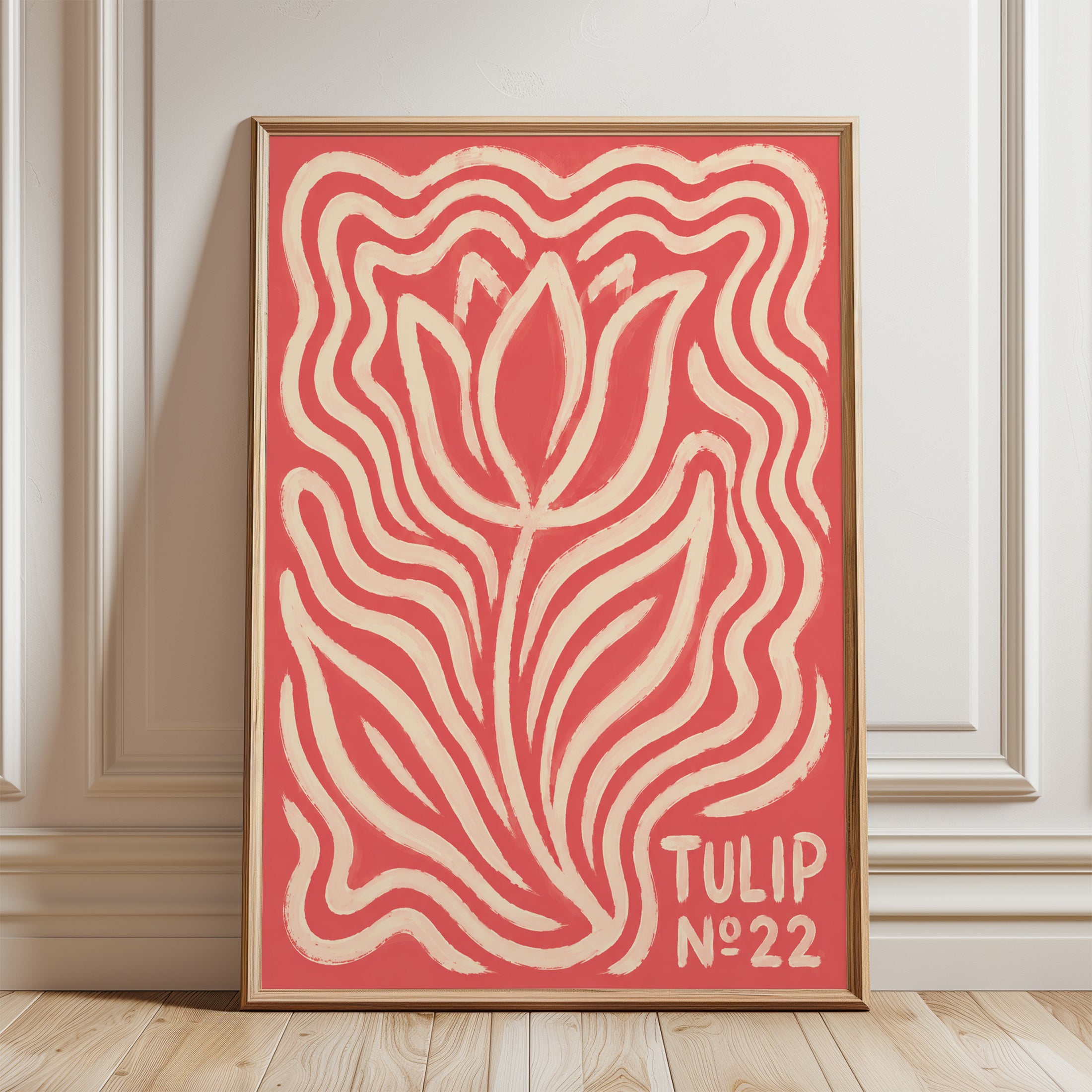 Retro Tulip Poster: Coral and Cream Psychedelic Flower Art - framed detail