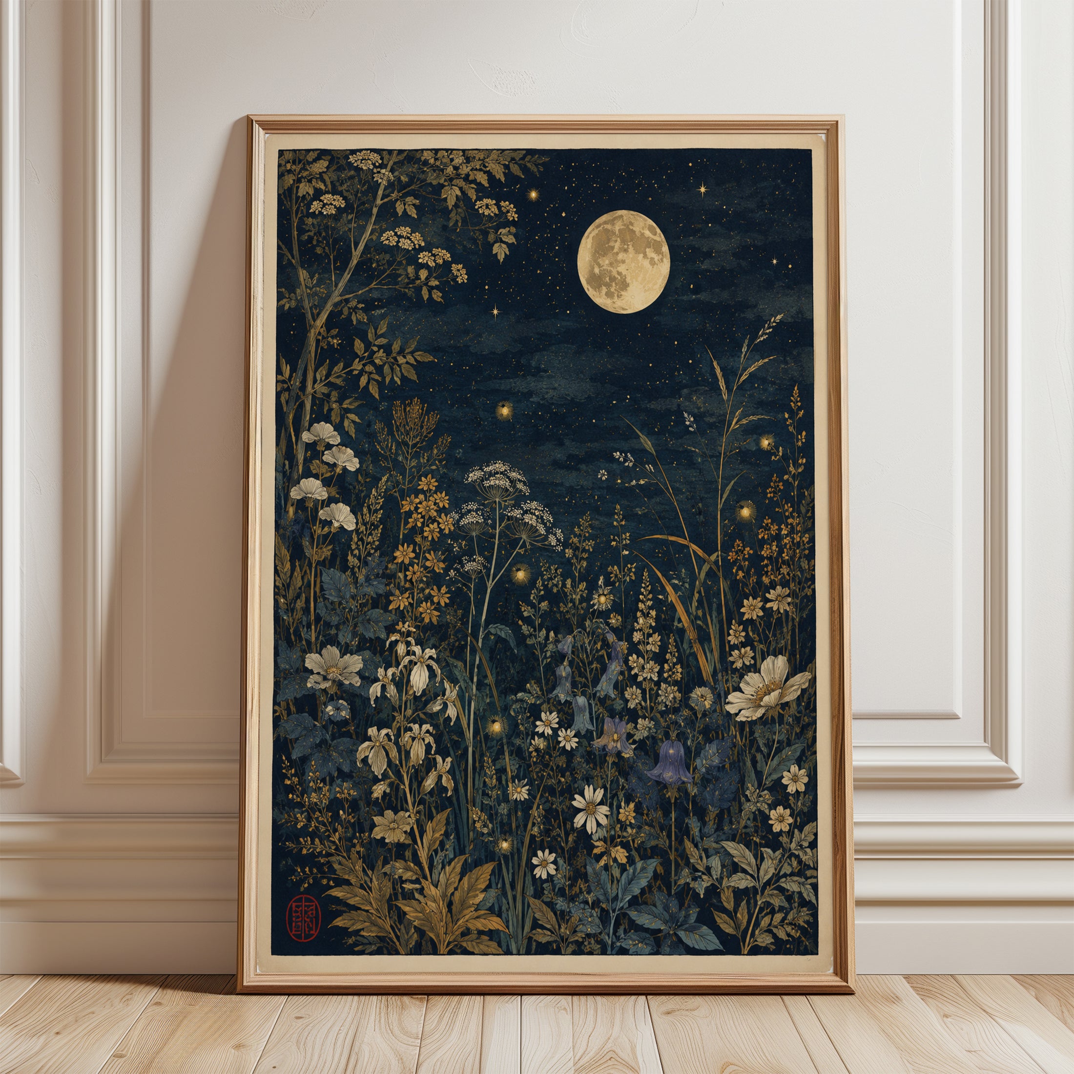 Moonlight Botanical Print – Night Garden Wall Art - framed detail