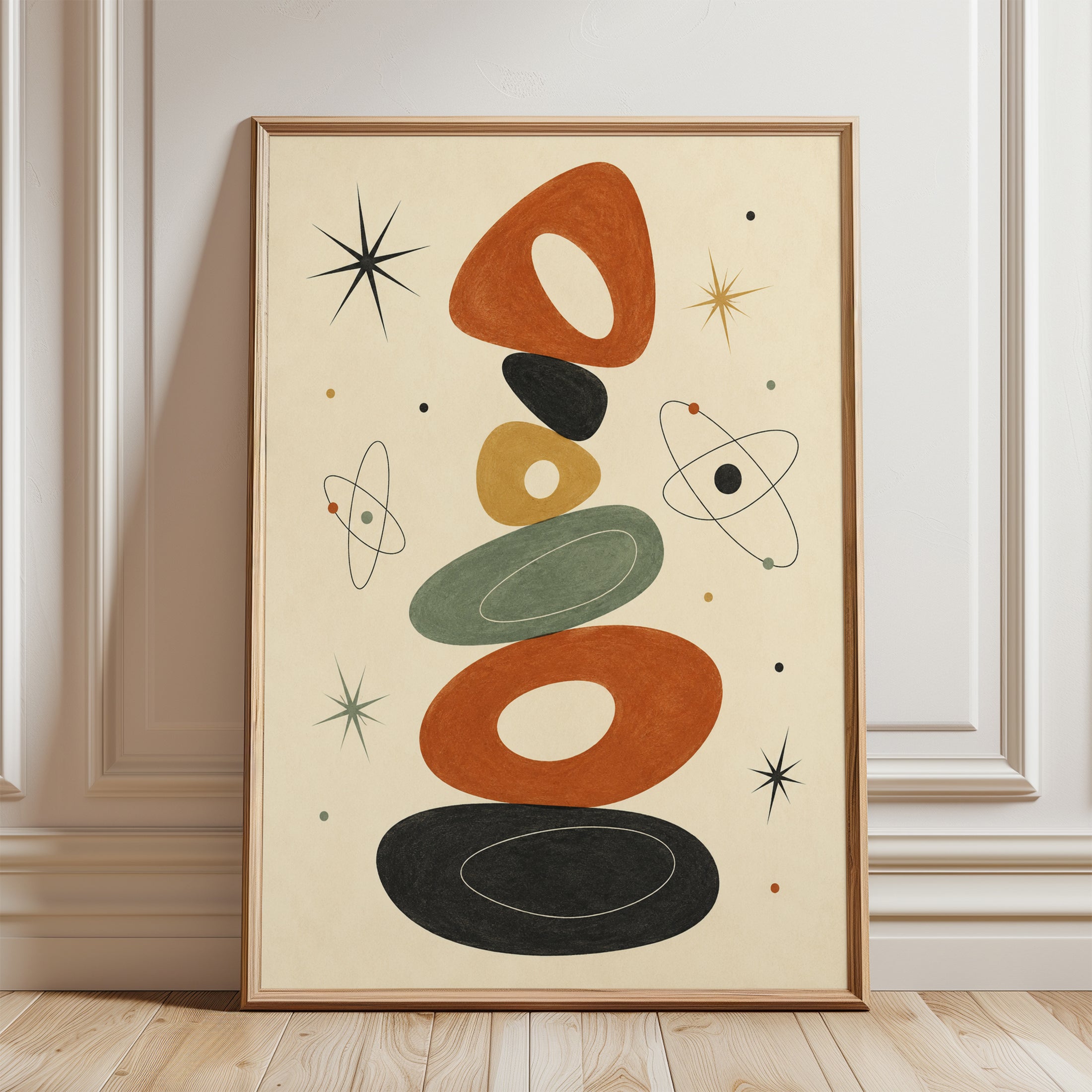 Mid-Century Modern Atomic Balance Print: Retro Geometric Art - framed detail