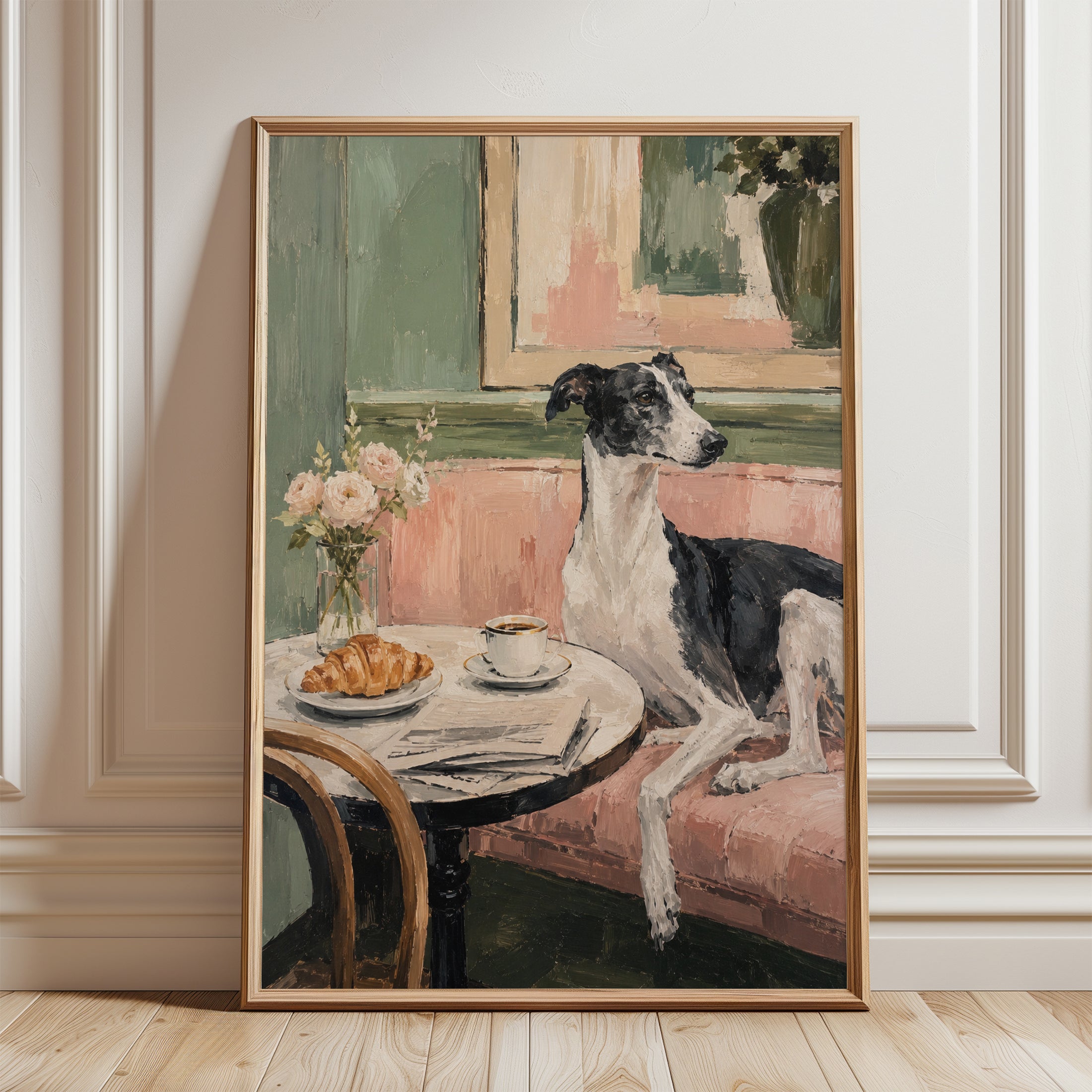 Dog Portrait Wall Art – Greyhound Painting Print - framed detail