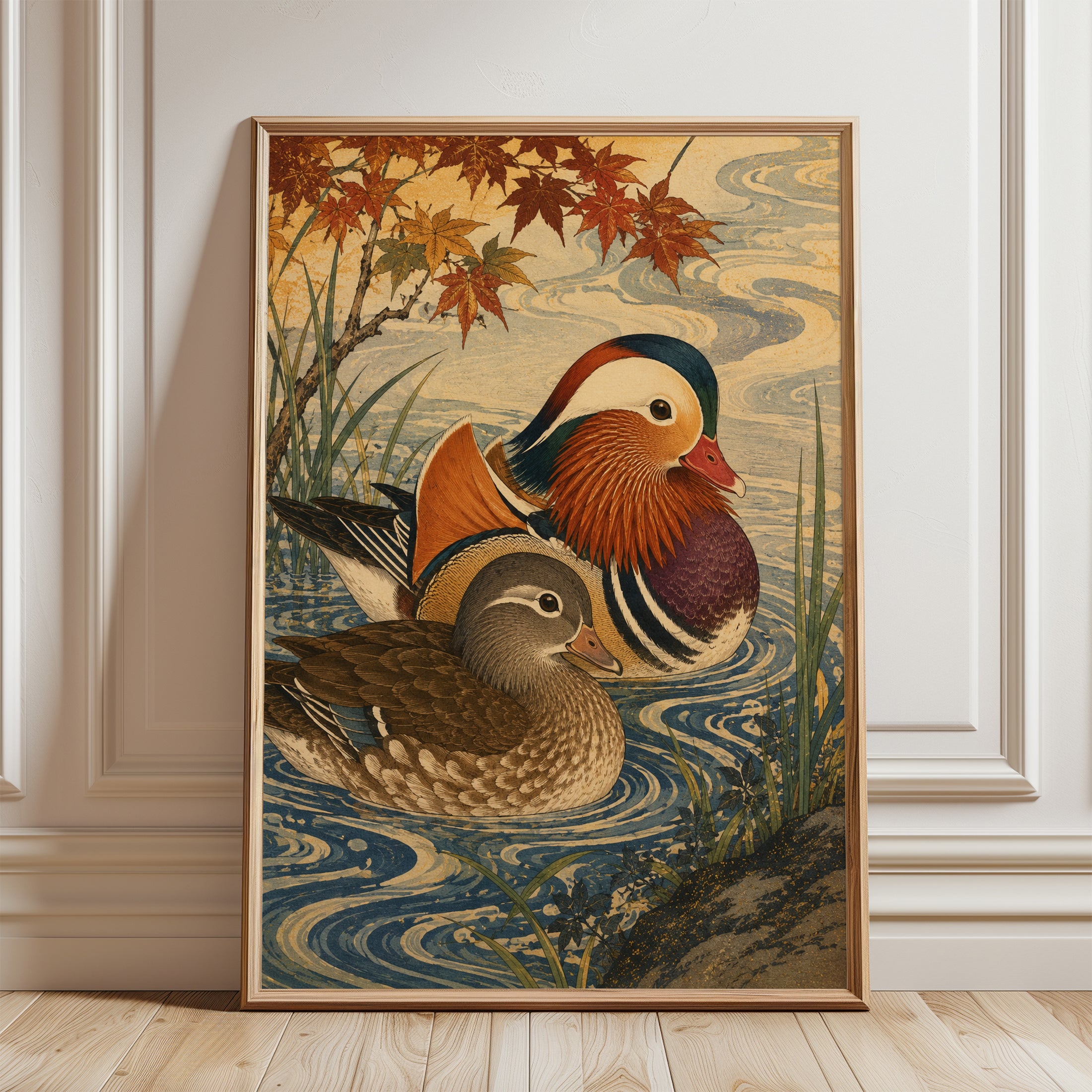 Mandarin Ducks in Autumn: Japanese Woodblock Style Art Print - framed detail