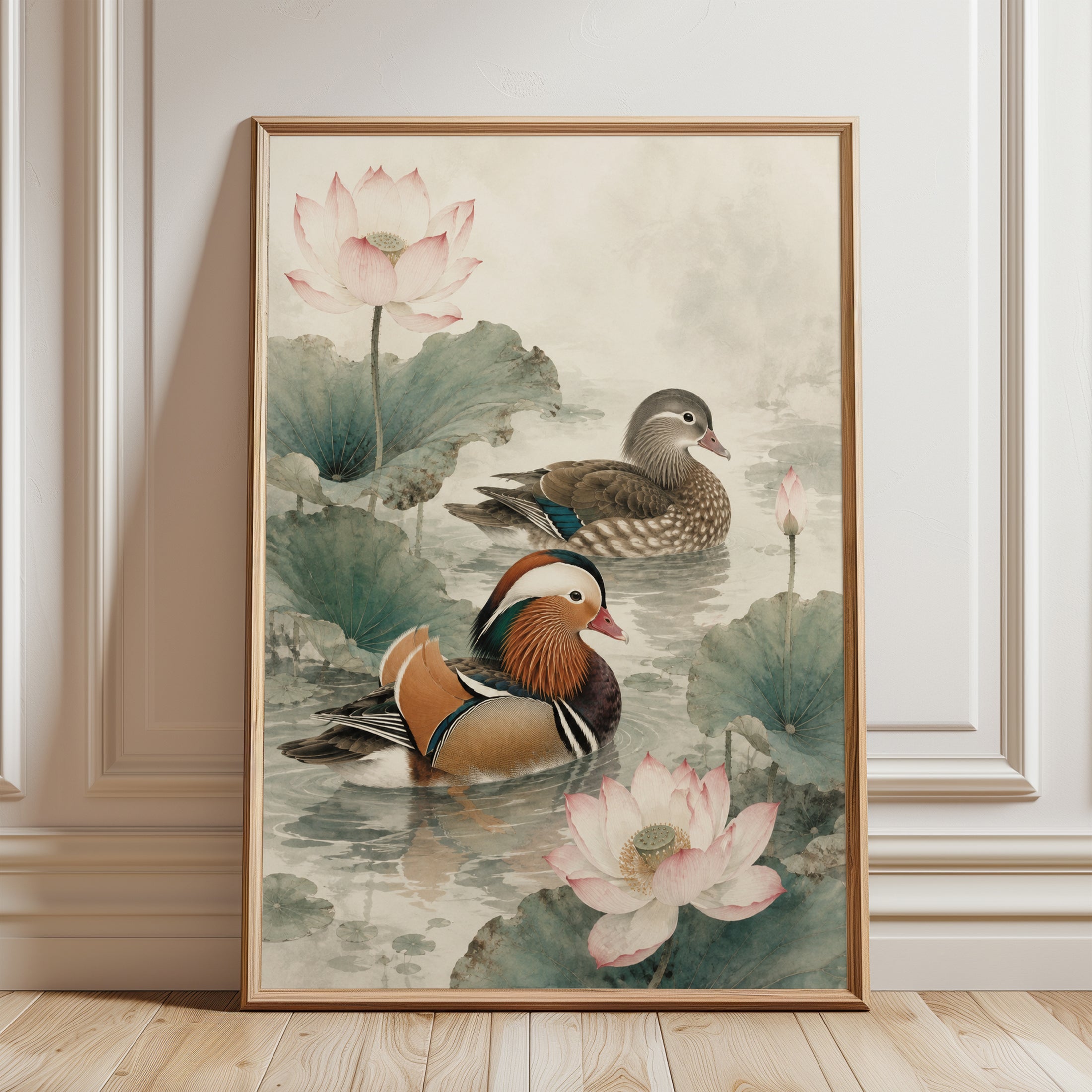 Mandarin Duck Wall Art – Lotus Flower Print - framed detail