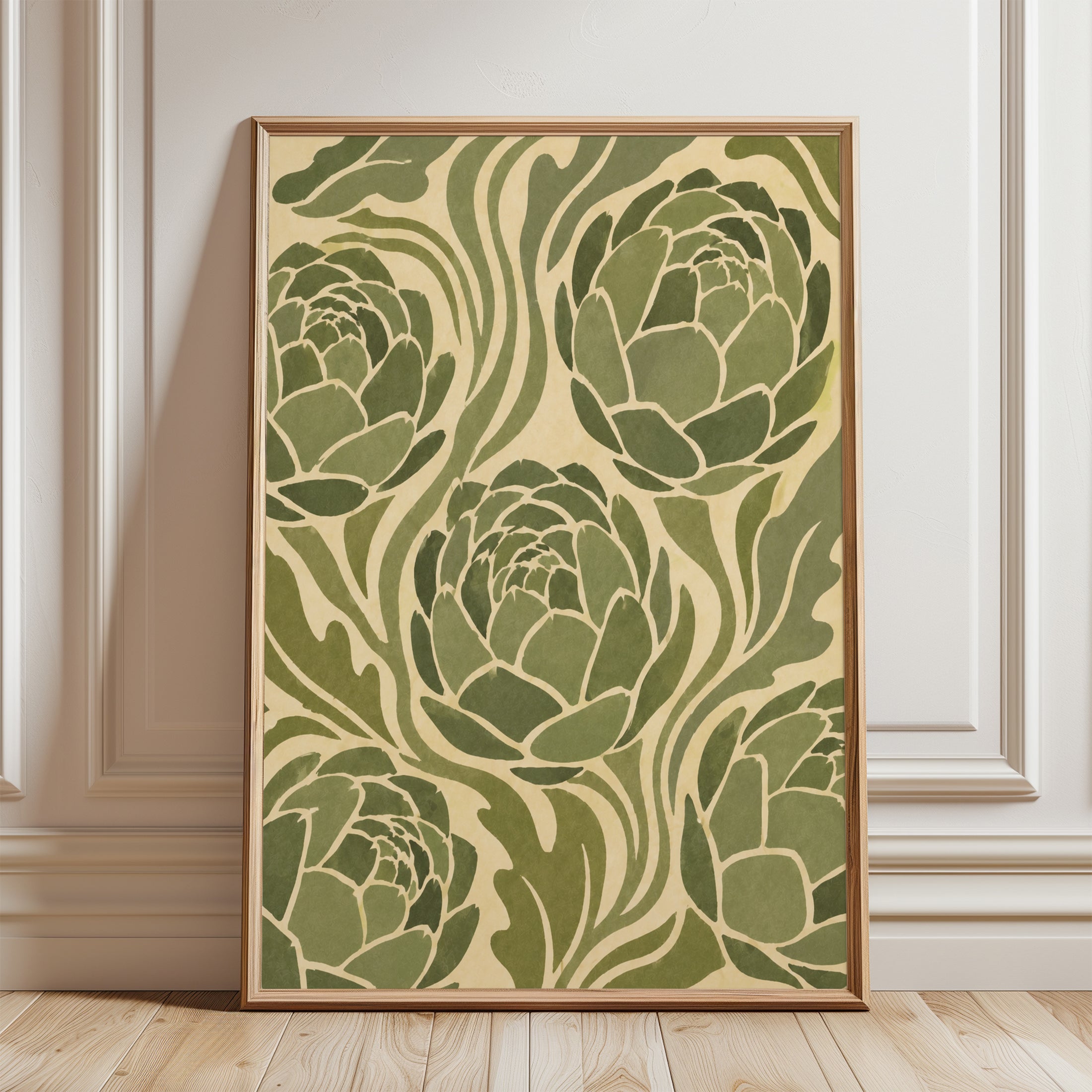 Art Nouveau Lotus Flowers: Green Botanical Poster - framed detail