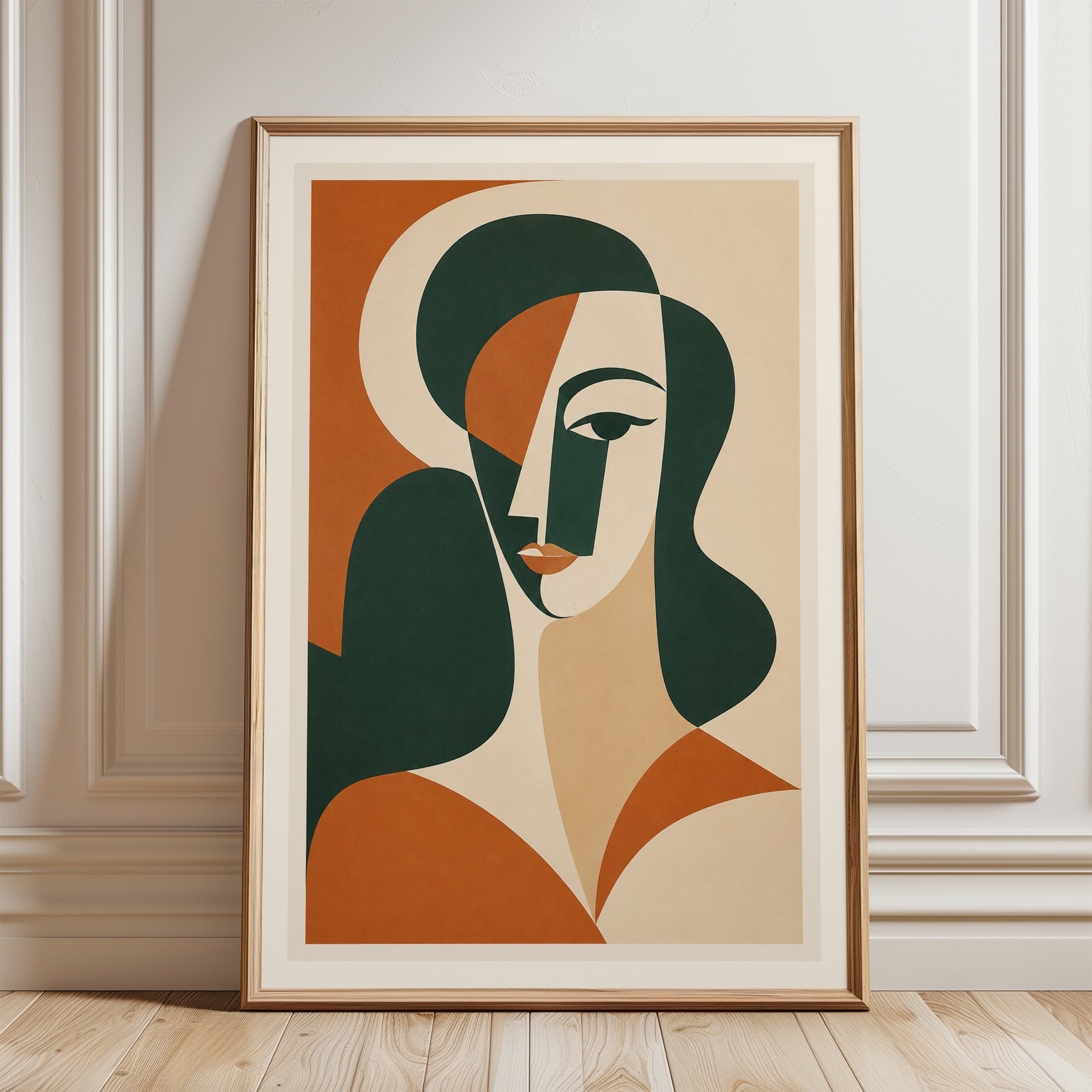 Cubist Woman Portrait: Abstract Art Print in Green and Terracotta - framed detail