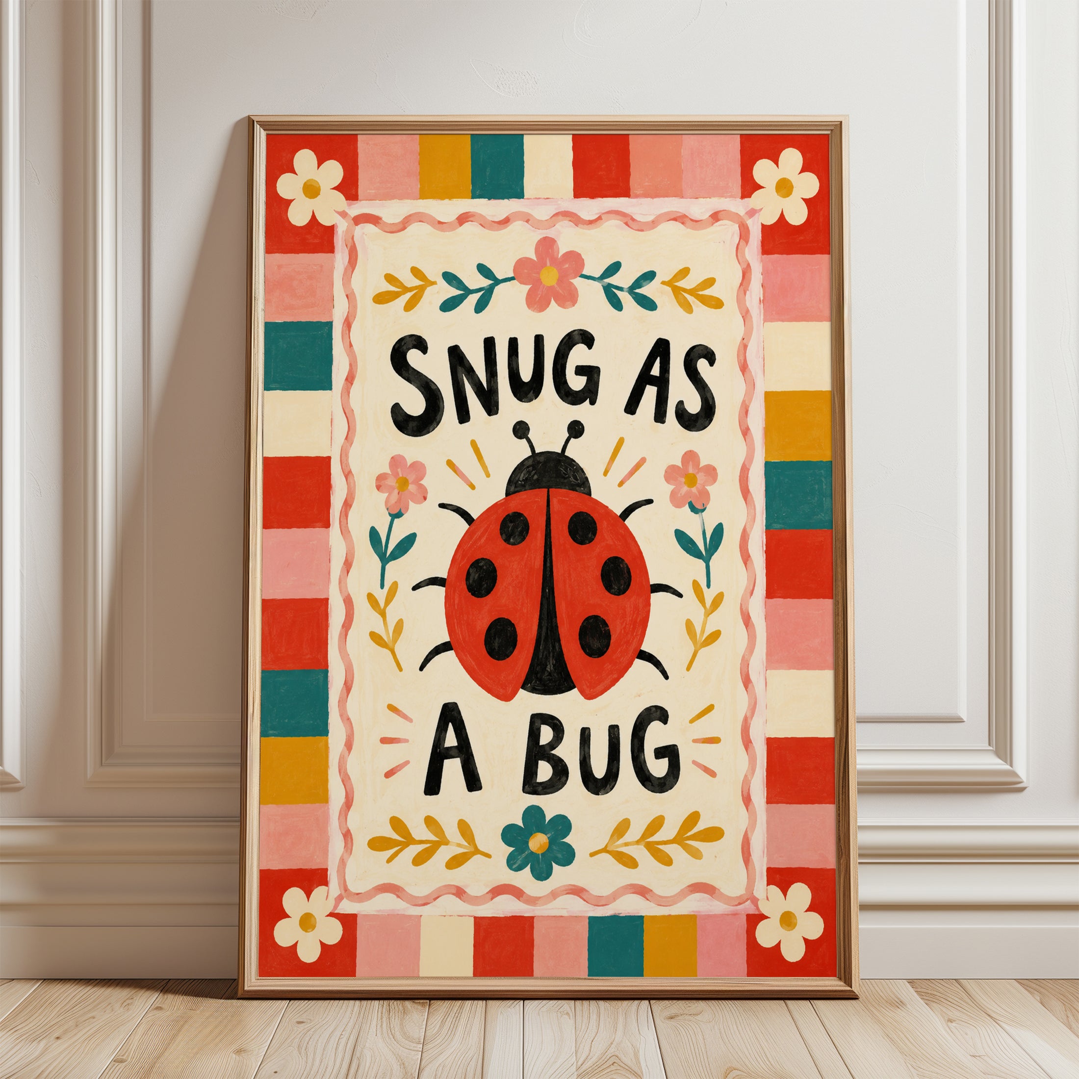 Ladybug Nursery Wall Art – Snug As A Bug Print - framed detail