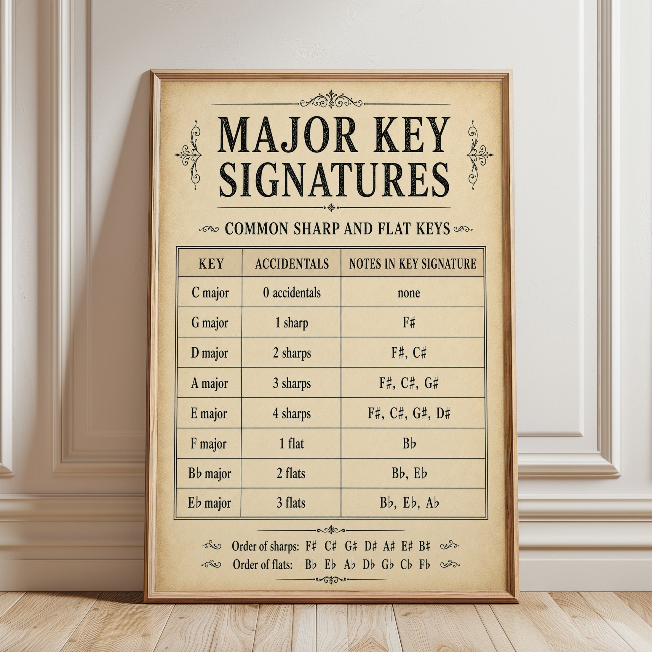 Music Theory Poster – Major Key Signatures Chart - framed detail