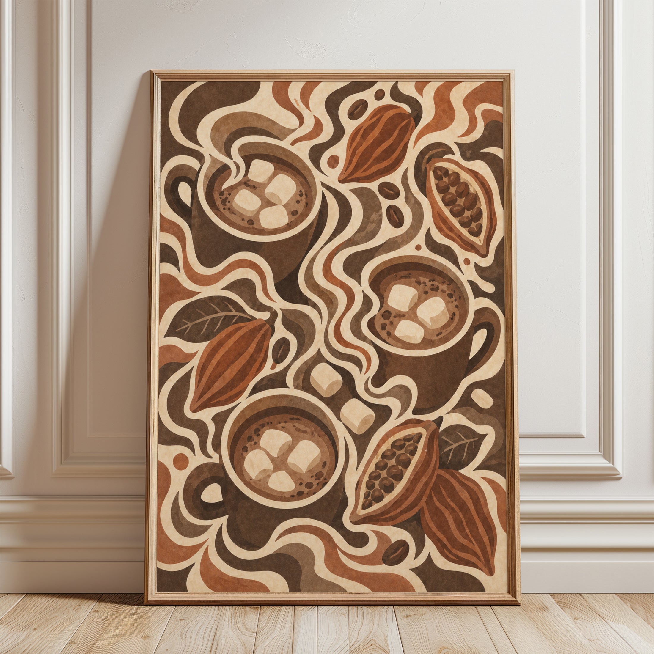 Hot Chocolate and Cocoa Pods Art Print: Retro Brown Illustration - framed detail