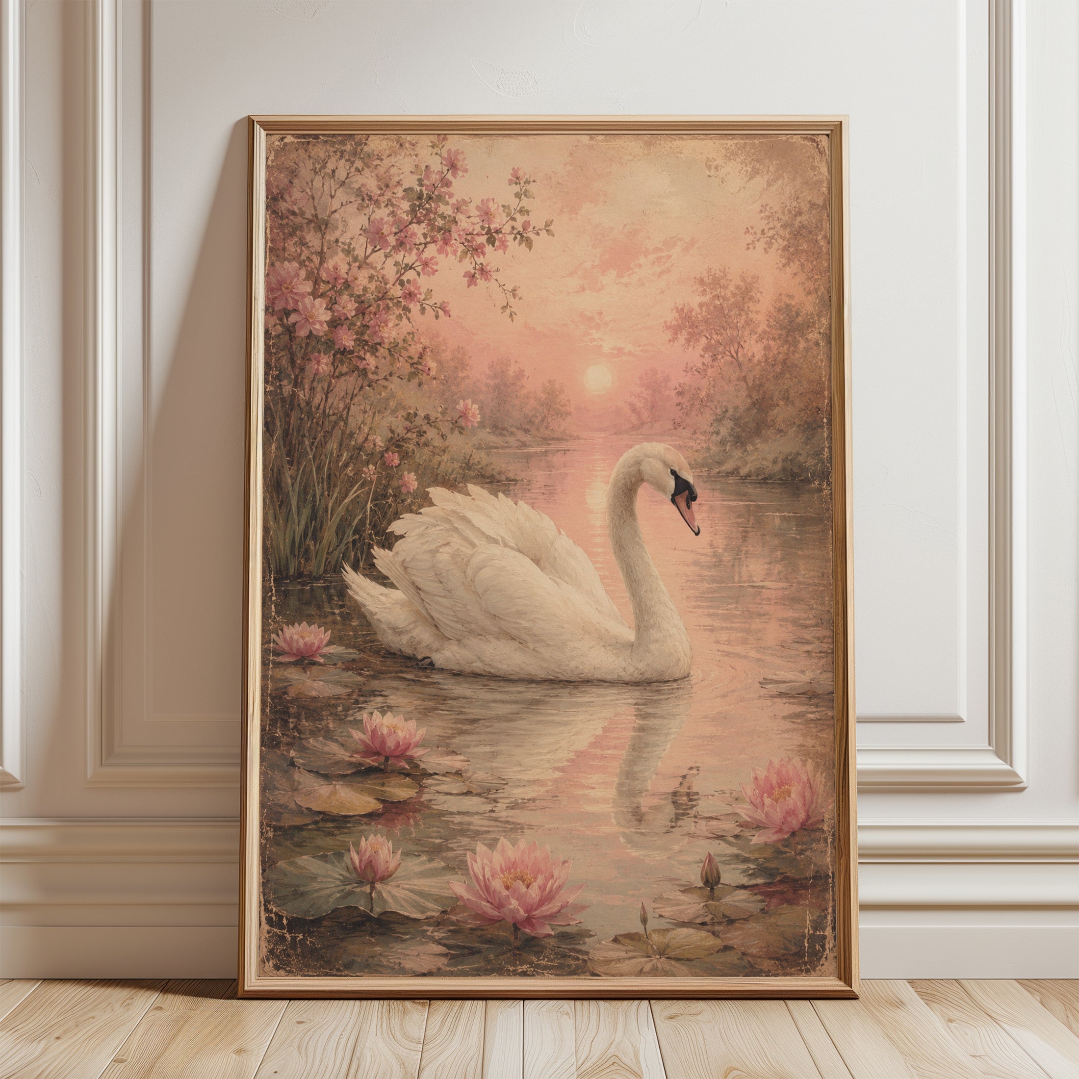 Swan Wall Art – Vintage Lake Print - framed detail