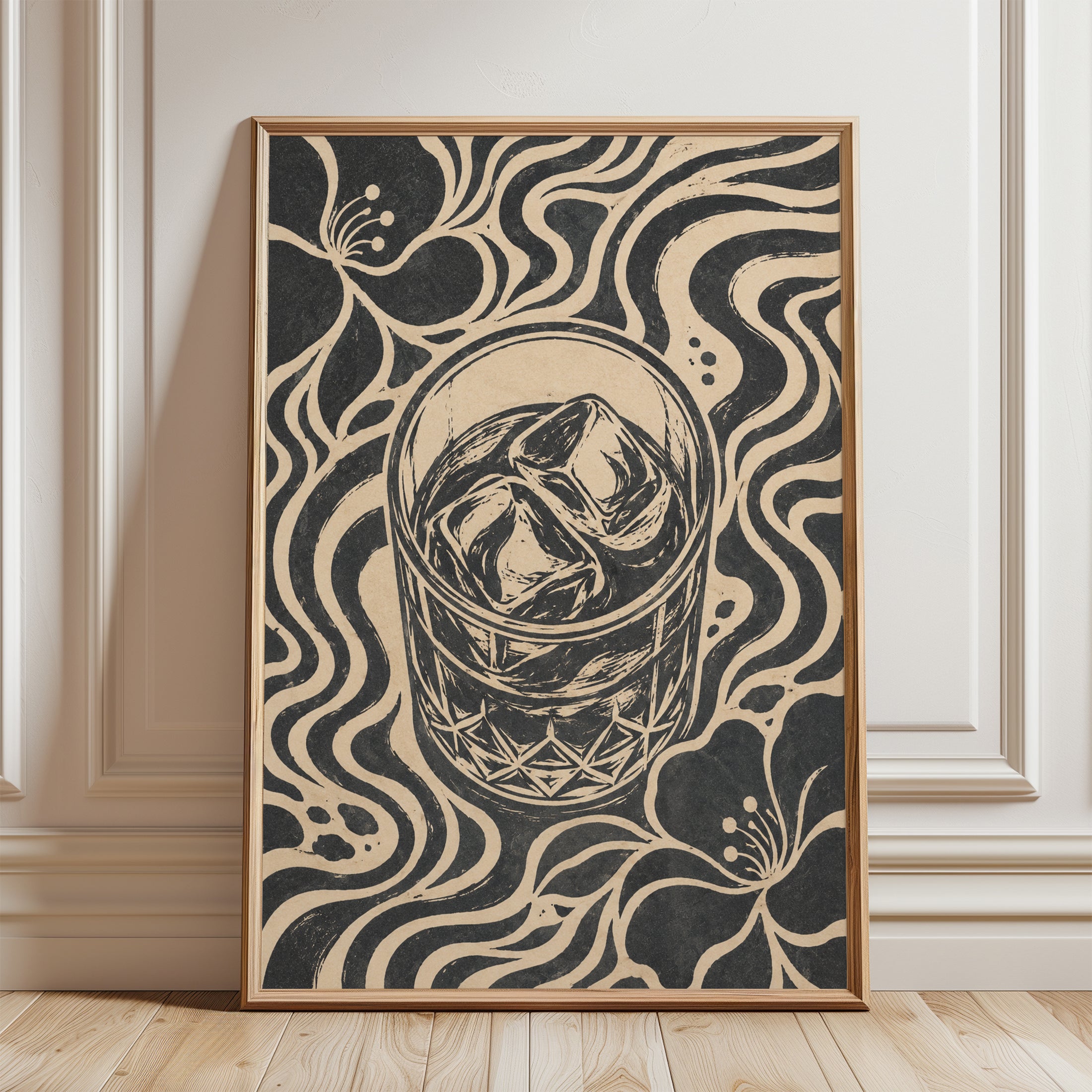 Whiskey Glass Art Print: Art Nouveau Black and Cream Design - framed detail