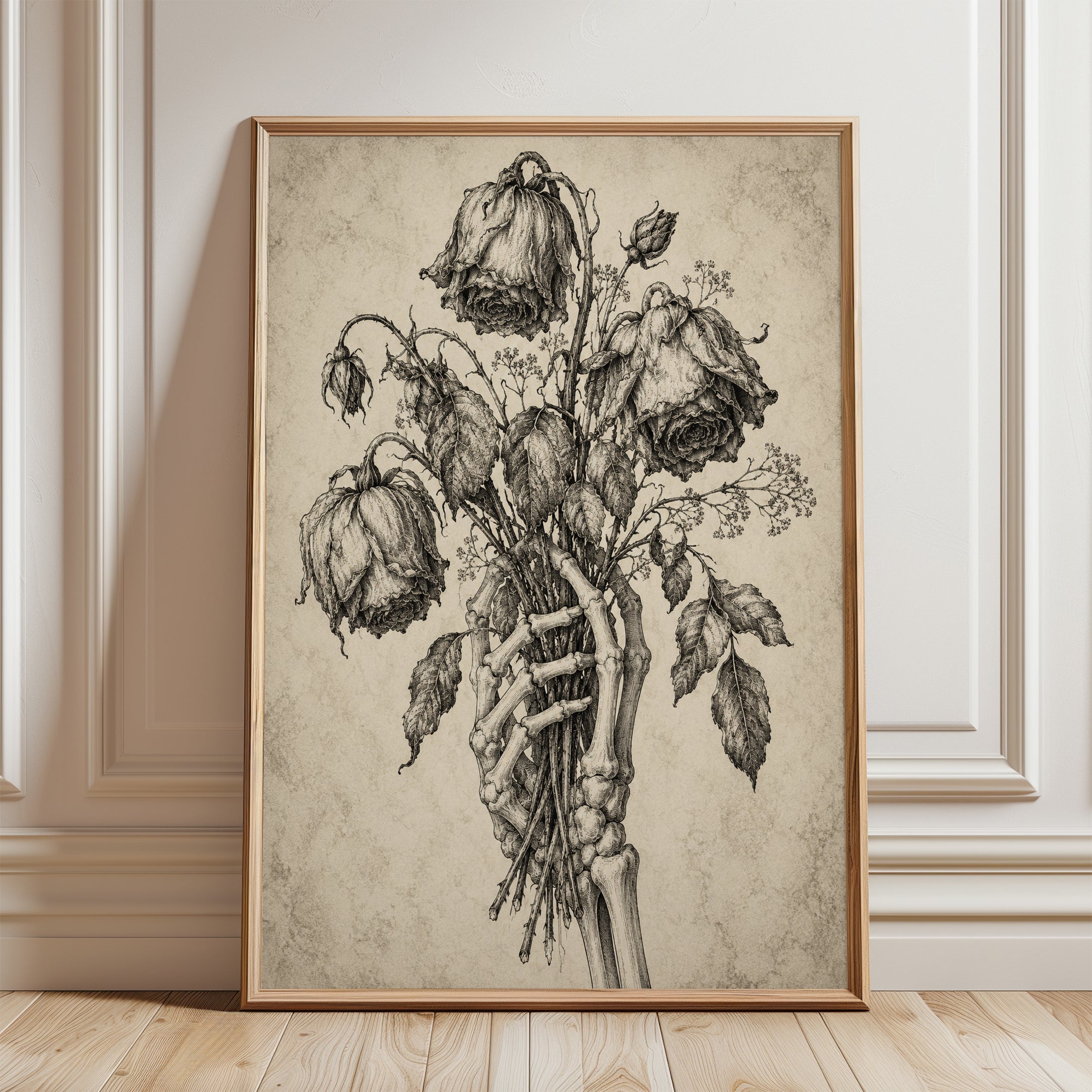 Skeleton Hand Flowers Print - framed detail