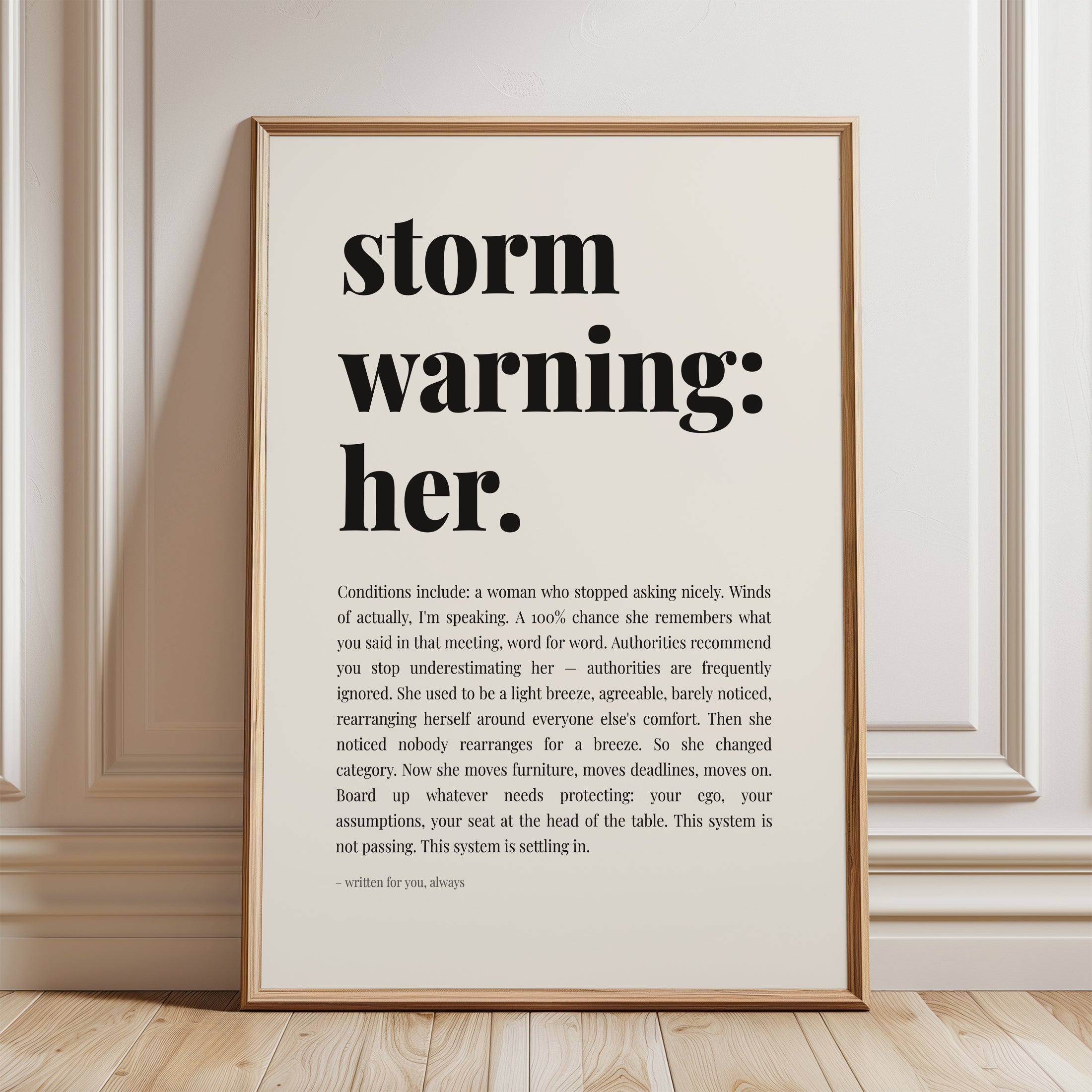 Feminist Quote Print – Storm Warning Her Wall Art - framed detail