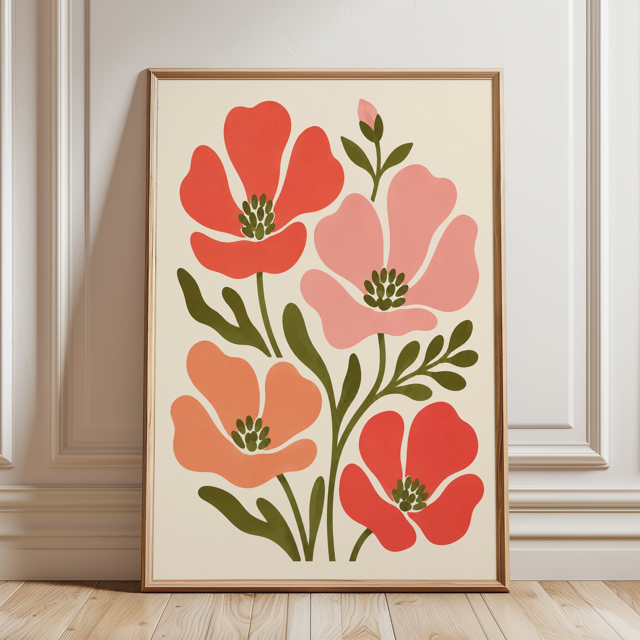 Poppy Flower Wall Art – Retro Floral Print - framed detail