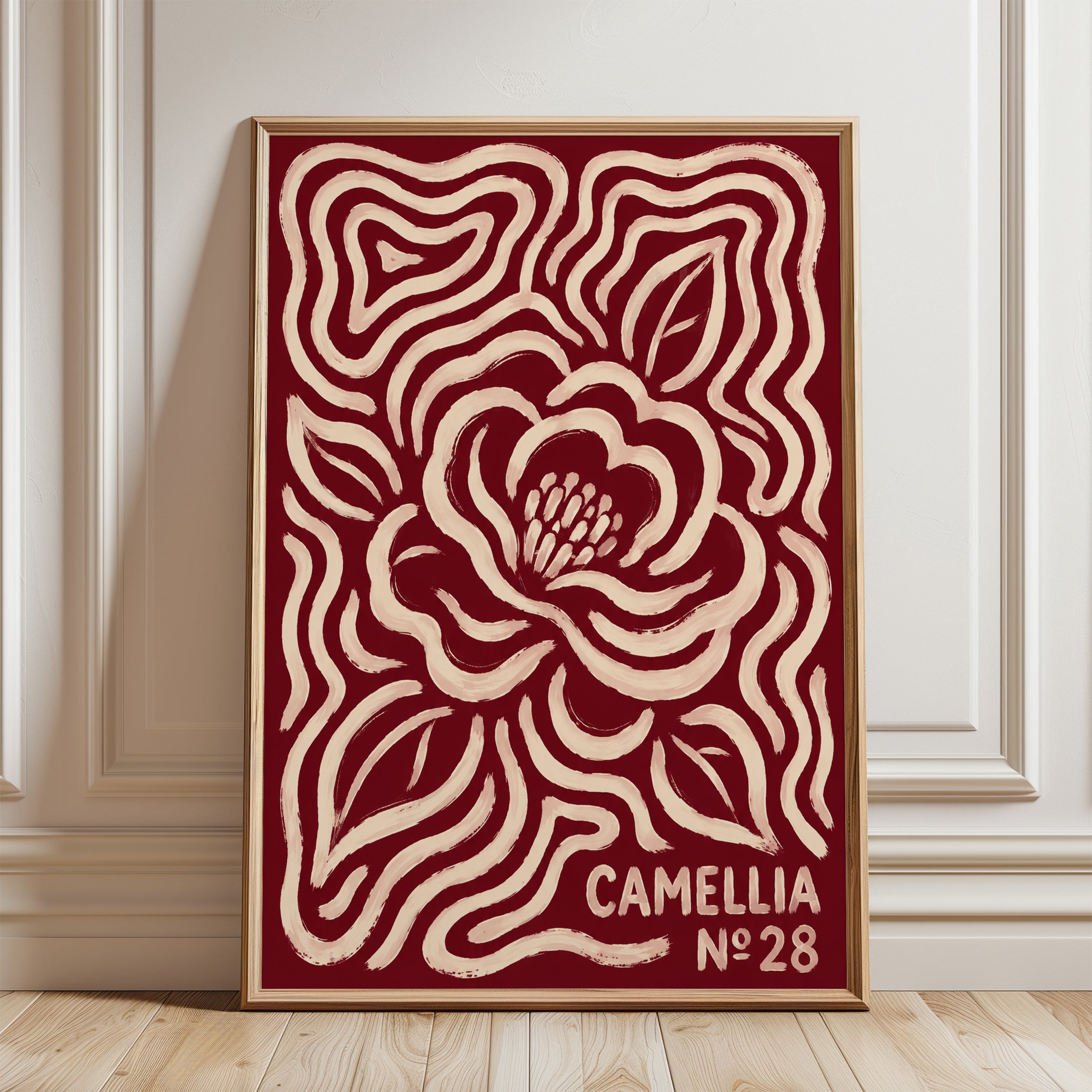 Vintage Floral Poster – Retro Camellia Print - framed detail