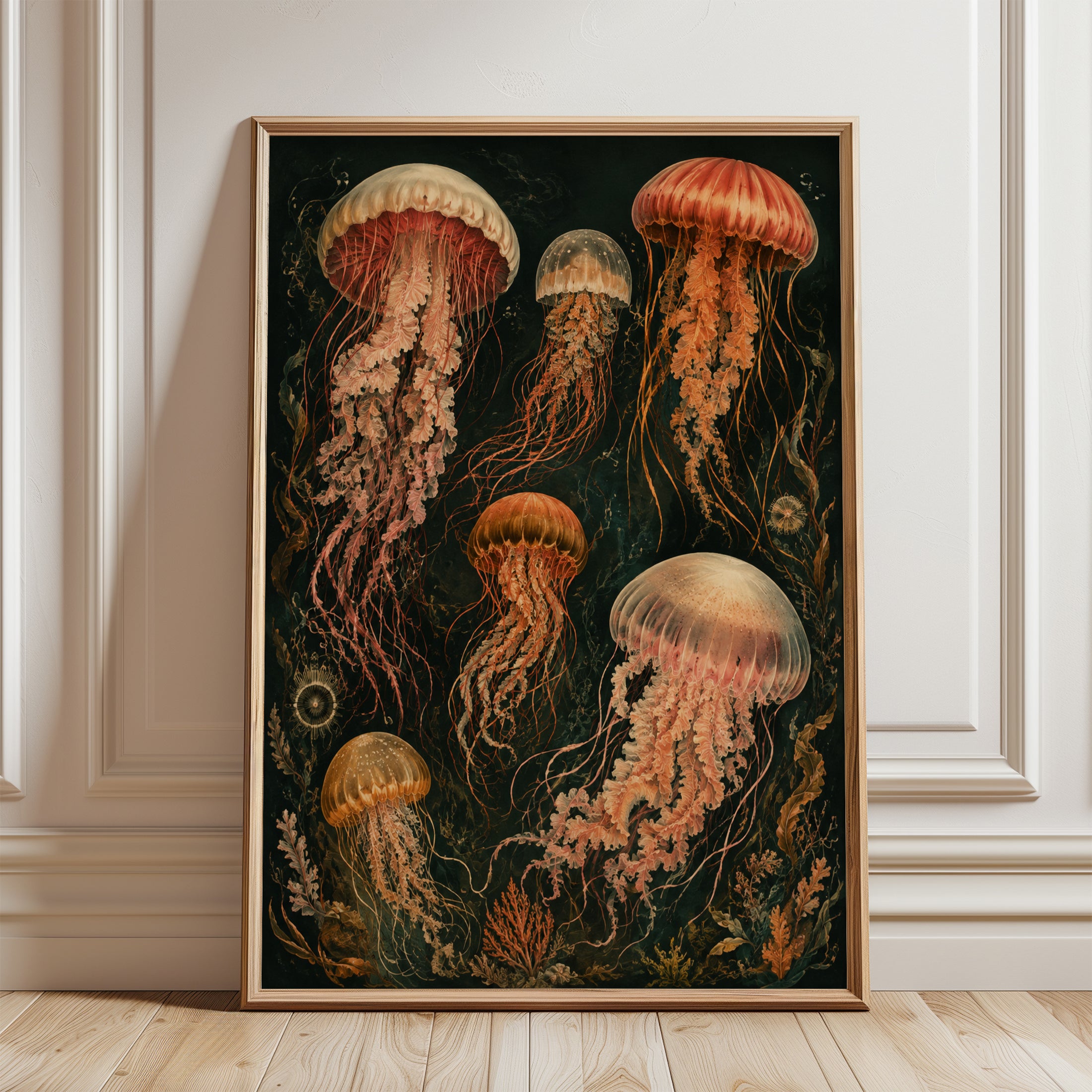 Jellyfish Wall Art – Vintage Ocean Print - framed detail