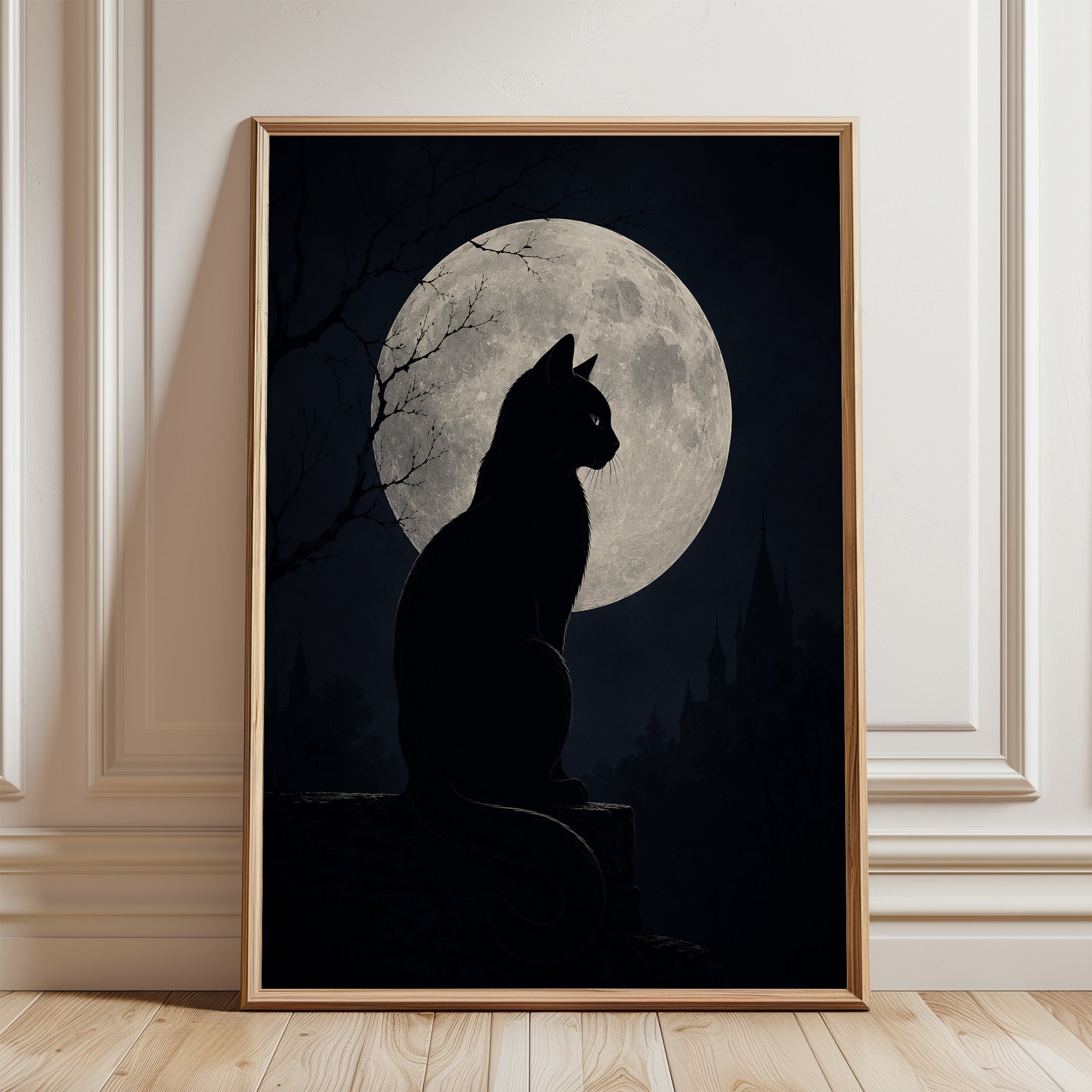 Cat Moon Wall Art – Black Cat Silhouette Print - framed detail
