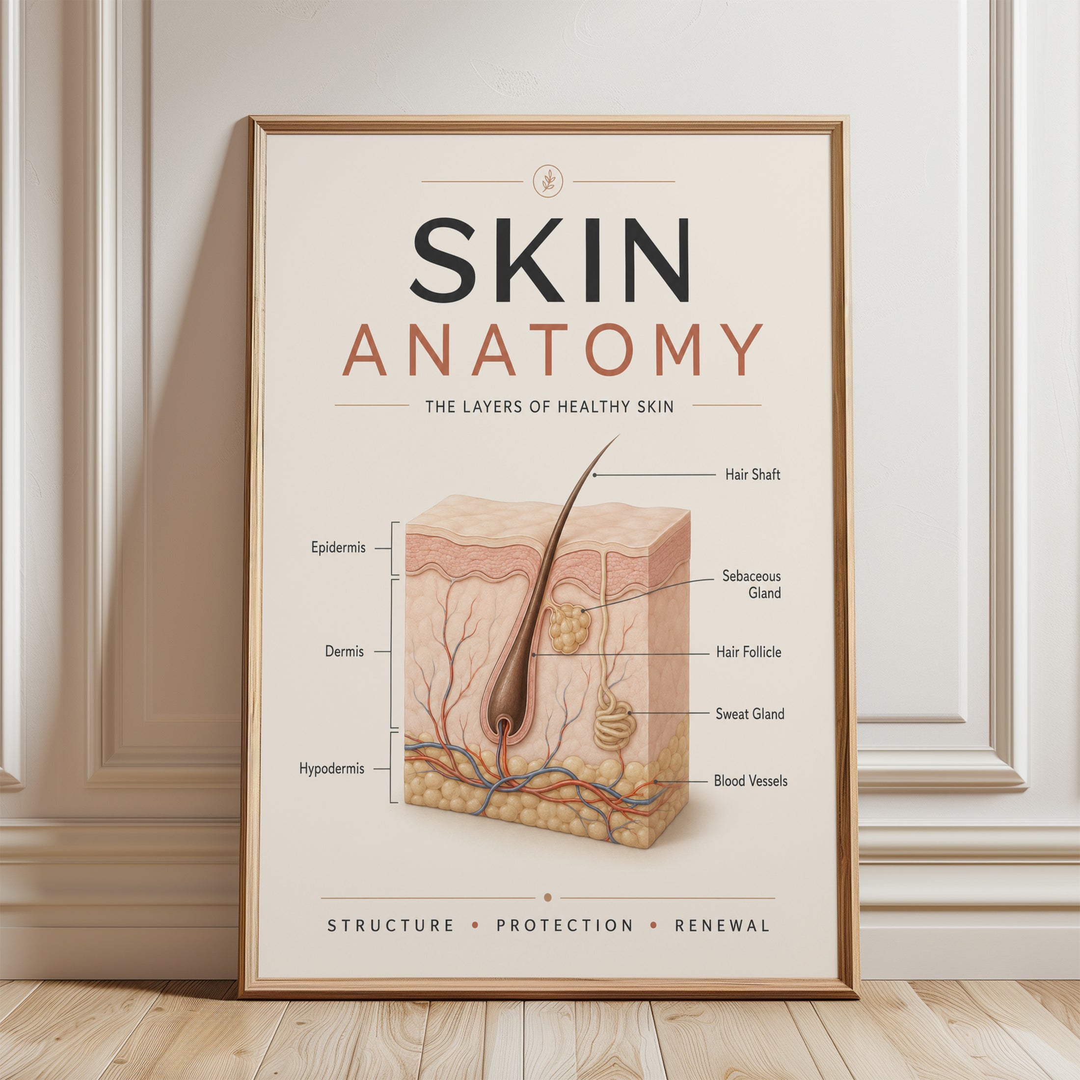 Skin Anatomy Poster – Educational Science Art - framed detail
